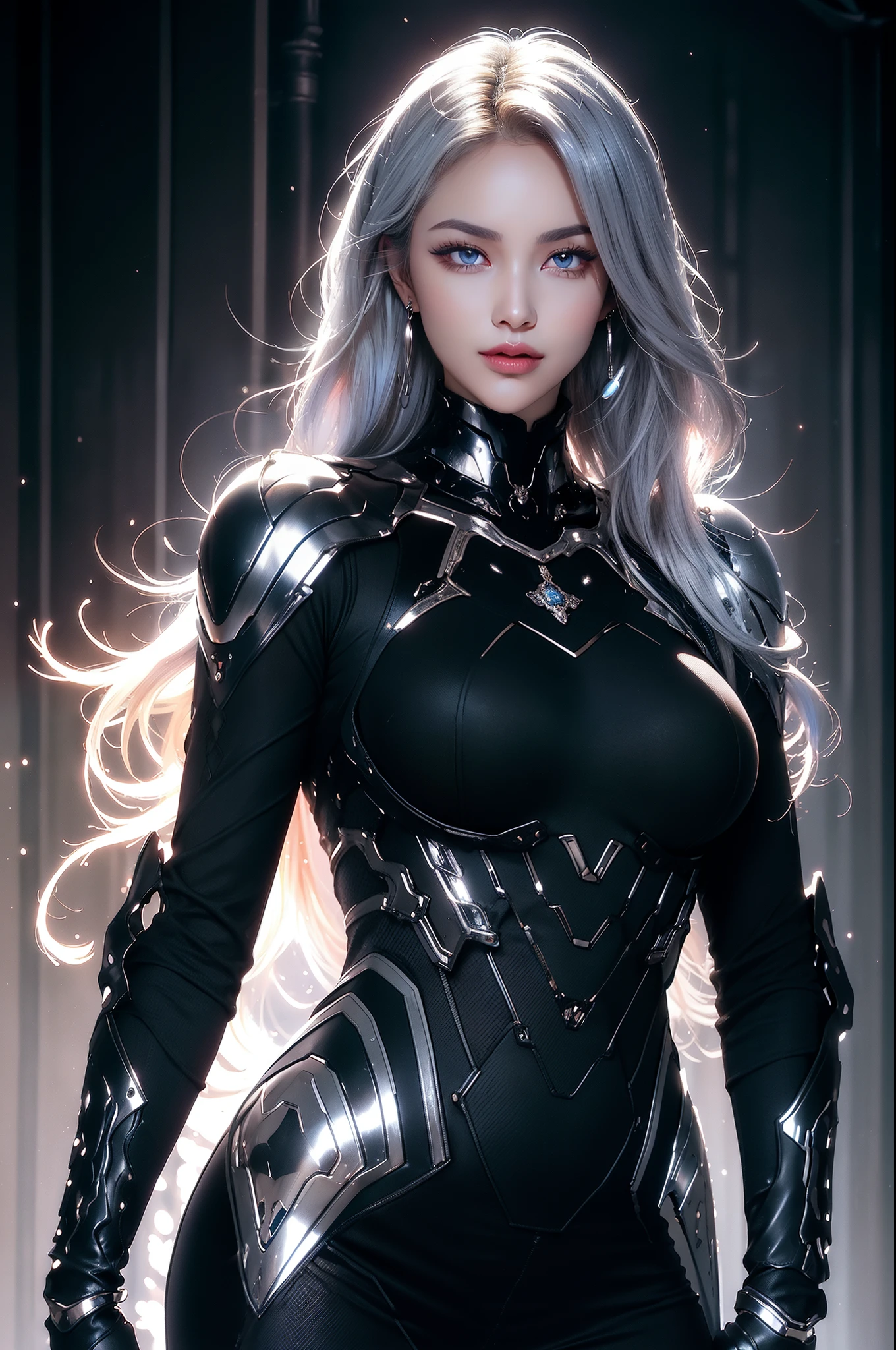 (masterpiece), best quality, expressive eyes, perfect face, beautiful details face, beautiful round eyes, upper body, A beautiful mature woman in cyber armour suit shows her Extremely busty and attractive breasts, (light smile), (midnight blue hair), glowing hair, multicolored hair, (random hairstyles, shiny hair, gradient hair, colored inner hair, (short straight hair),  medium short hair), (covered chest), fair skin, (beautiful detailed full bodysuit:1.3), full body cyber armour, glowing and shining armor, silver and blue cyber armour,(Edge lights:1.3), (silver and blue colour scheme:1.3), neon light on Armor, beautiful details eyes, (midnight blue eyes:1.2), (glowing eyes:1.2), hair ornament, (Gigantic saggy breasts:1.3), thick body, (well accentuated curves), pink lips, (silver nails), mascara, Long eyelashes, eyeliner, (Extremely wide well defined hips:1.3), (beautiful massive thick muscular thighs:1.3), has a tall slender figure, (Extremely detailed skin texture:1.1), beautiful detailed realistic muscle definition, golden fireflies that shimmer, high detailed eyes, ultra-high quality model, proportionate, intense colouration fantasy, (background Spiral galaxy), beautiful background, gold and silver tetradic colours, earrings, detached sleeves, jewelry, earring, (1girl), solo,