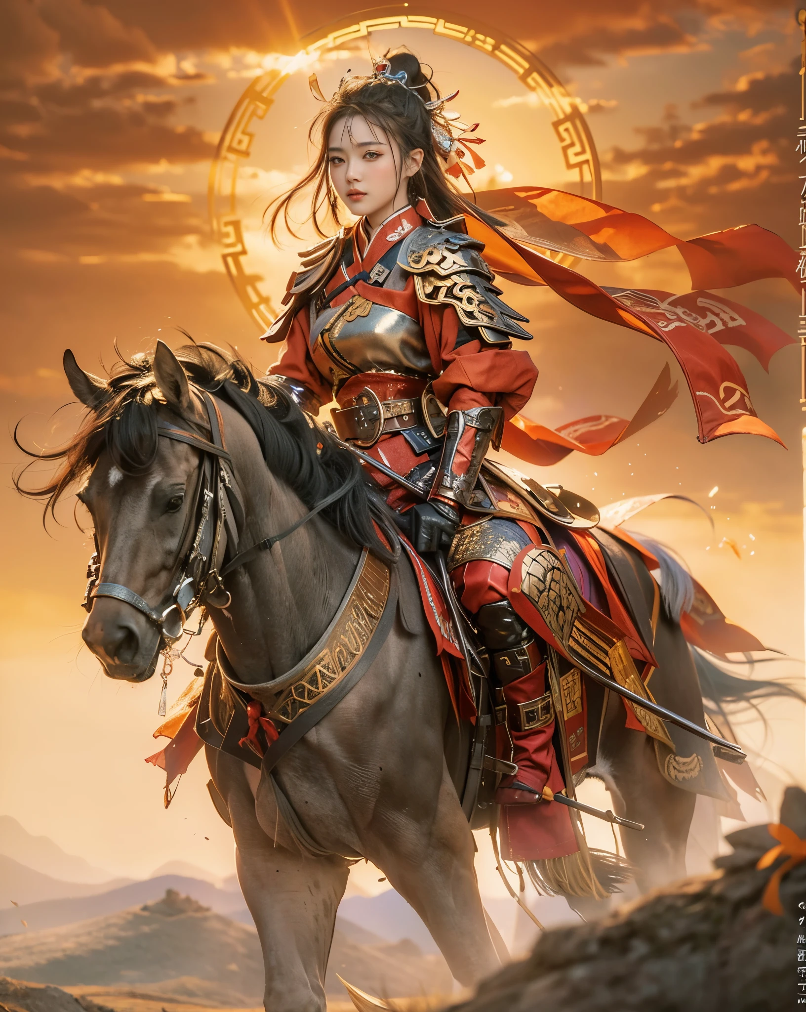 (((best quality))),(((ultra detailed))),(((masterpiece))),illustration,setting sun,ancient Chinese female soldier in armor,holding a lance,riding on horseback,looking sideways at the distant mountains,warrior spirit,strong and determined expression,glowing hues of the sunset,majestic and cinematic atmosphere