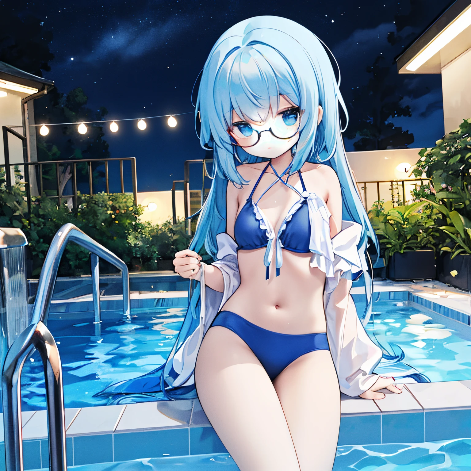 、black-rimmed round glasses、Blue Bikini、blue hairs、Background is the pool at night