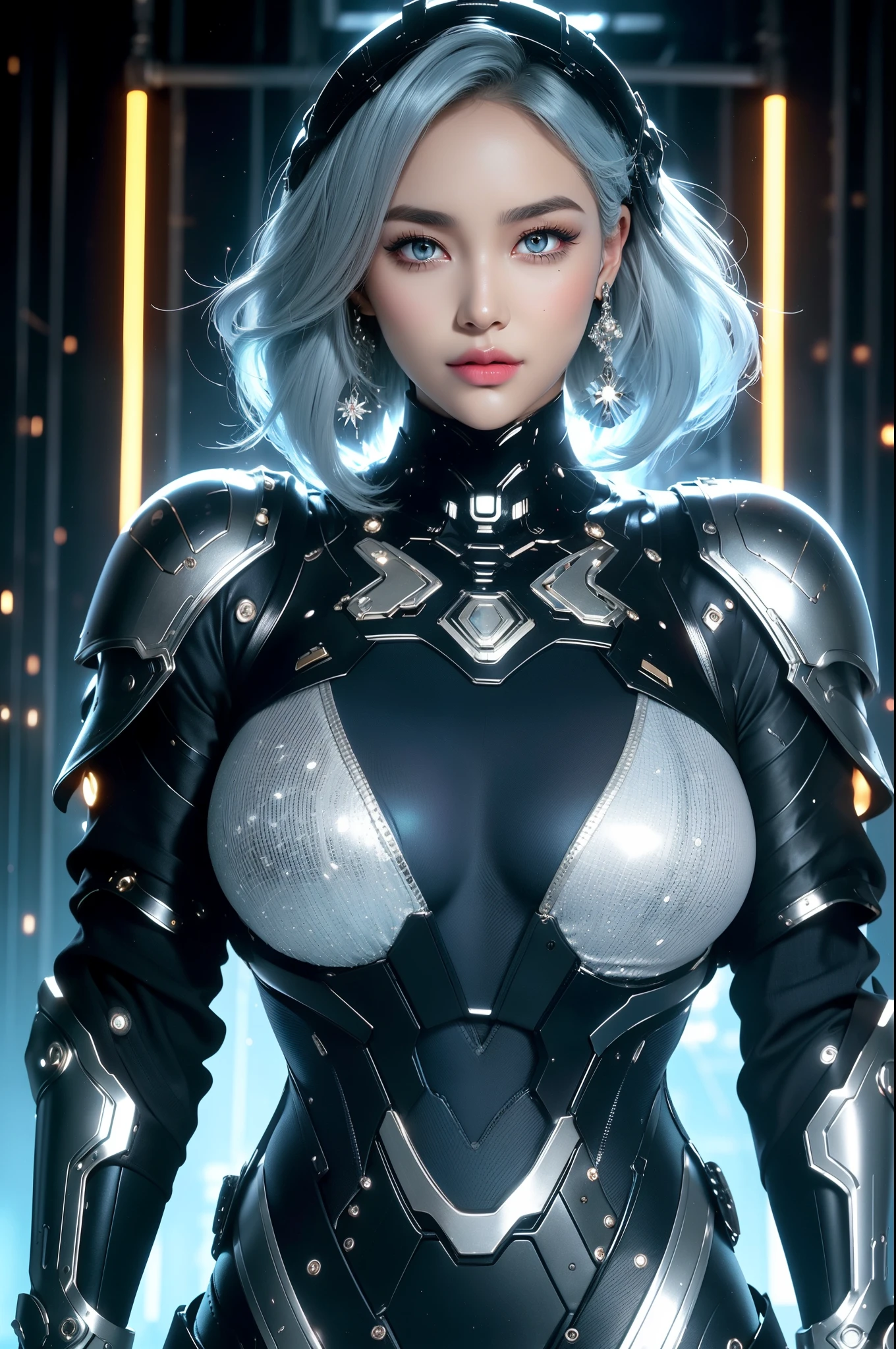 (masterpiece), best quality, expressive eyes, perfect face, beautiful details face, beautiful round eyes, upper body, A beautiful mature woman in cyber armour suit shows her Extremely busty and attractive breasts, (light smile), (midnight blue hair), glowing hair, multicolored hair, (short bob hair, shiny hair, gradient hair, colored inner hair, (short straight hair),  medium short hair), fair skin, (beautiful detailed full bodysuit:1.3), full body cyber armour, glowing and shining armor, silver and blue cyber armour,(Edge lights:1.3), (silver and blue colour scheme:1.3), neon light on Armor, beautiful details eyes, (midnight blue eyes:1.2), (glowing eyes:1.2), hair ornament, (Gigantic saggy breasts:1.9),  cleavage, thick body, (well accentuated curves), pink lips, (silver nails), mascara, Long eyelashes, eyeliner, (Extremely wide well defined hips:1.6), (beautiful massive thick muscular thighs:1.3), has a tall slender figure, (Extremely detailed skin texture:1.1), beautiful detailed realistic muscle definition, golden fireflies that shimmer, high detailed eyes, ultra-high quality model, proportionate, intense colouration fantasy, (background Spiral galaxy), beautiful background, gold and silver tetradic colours, earrings, detached sleeves, jewelry, earring, (1girl), solo,