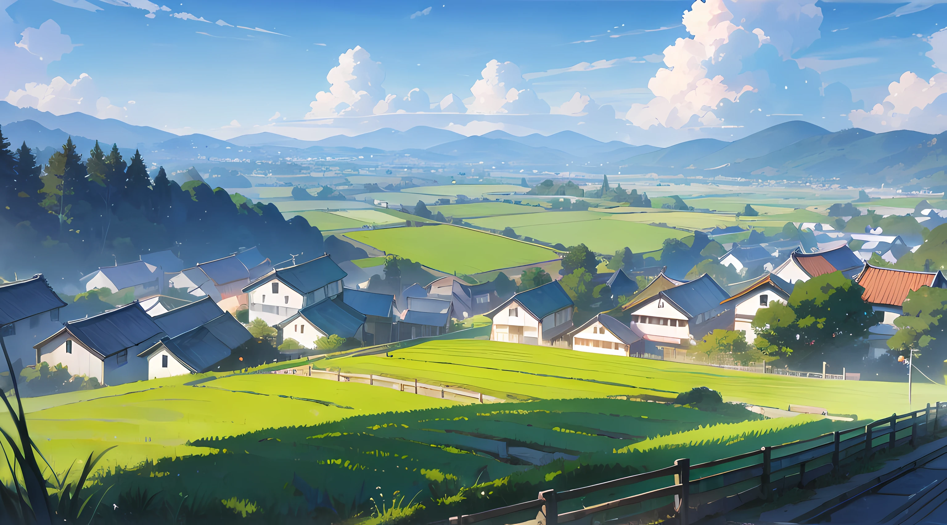 best quality, Japanese countryside, vast fields, greenery, small houses in the background, small river, beautiful blue sky, beautiful sunlight, distant view, colorful anime artwork, beautiful sky, beautiful sunlight, amazing scenery, amazing visuals, beautiful anime artwork, ultrasharp, masterpiece, high res, 8k
