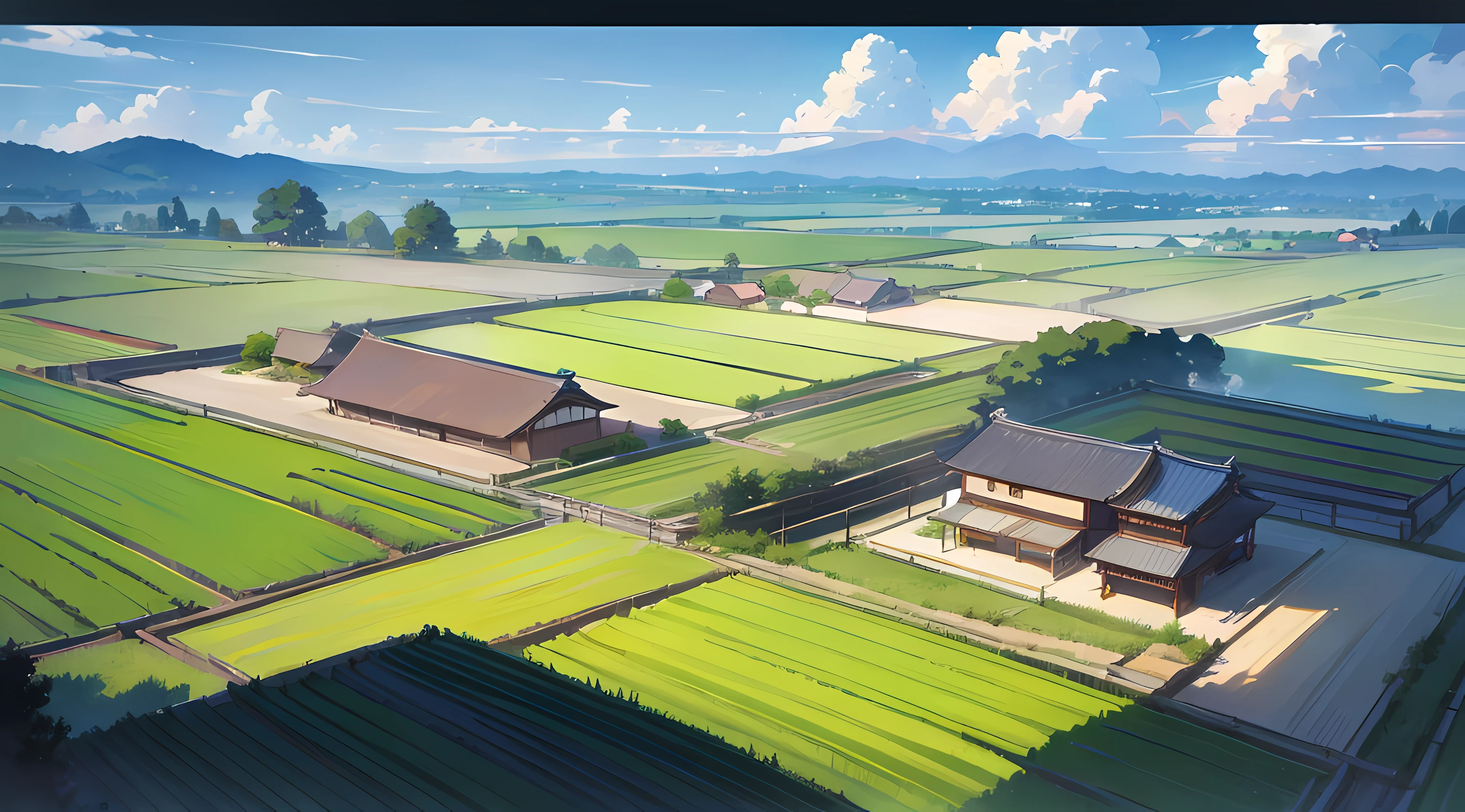 best quality, Japanese countryside, vast fields, greenery, small houses in the background, small river, beautiful blue sky, beautiful sunlight, distant view, colorful anime artwork, beautiful sky, beautiful sunlight, amazing scenery, amazing visuals, beautiful anime artwork, ultrasharp, masterpiece, high res, 8k
