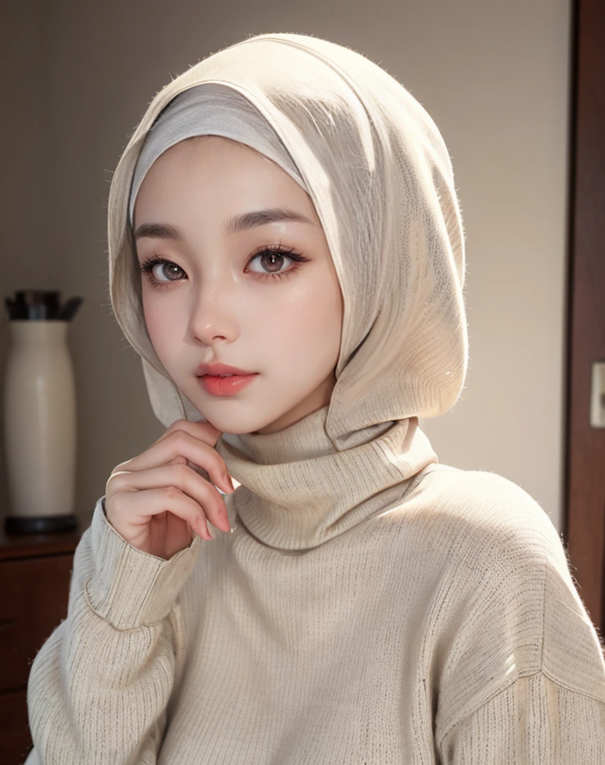 masterpiece, best quality,ultra detail,1girl, studio,upper body,standing,(sweater turtleneck, long Sleeve),well covered, completely,cinematic angle,(wearing hijab,covered head,whole hair covered),sharp detailed, smooth skin, shining skin,(natural lighting), cinematic lighting,sunset, bedroom:1.2, sweety, oiled,cute girl,ulzzang,smile, piercing, downward lips,