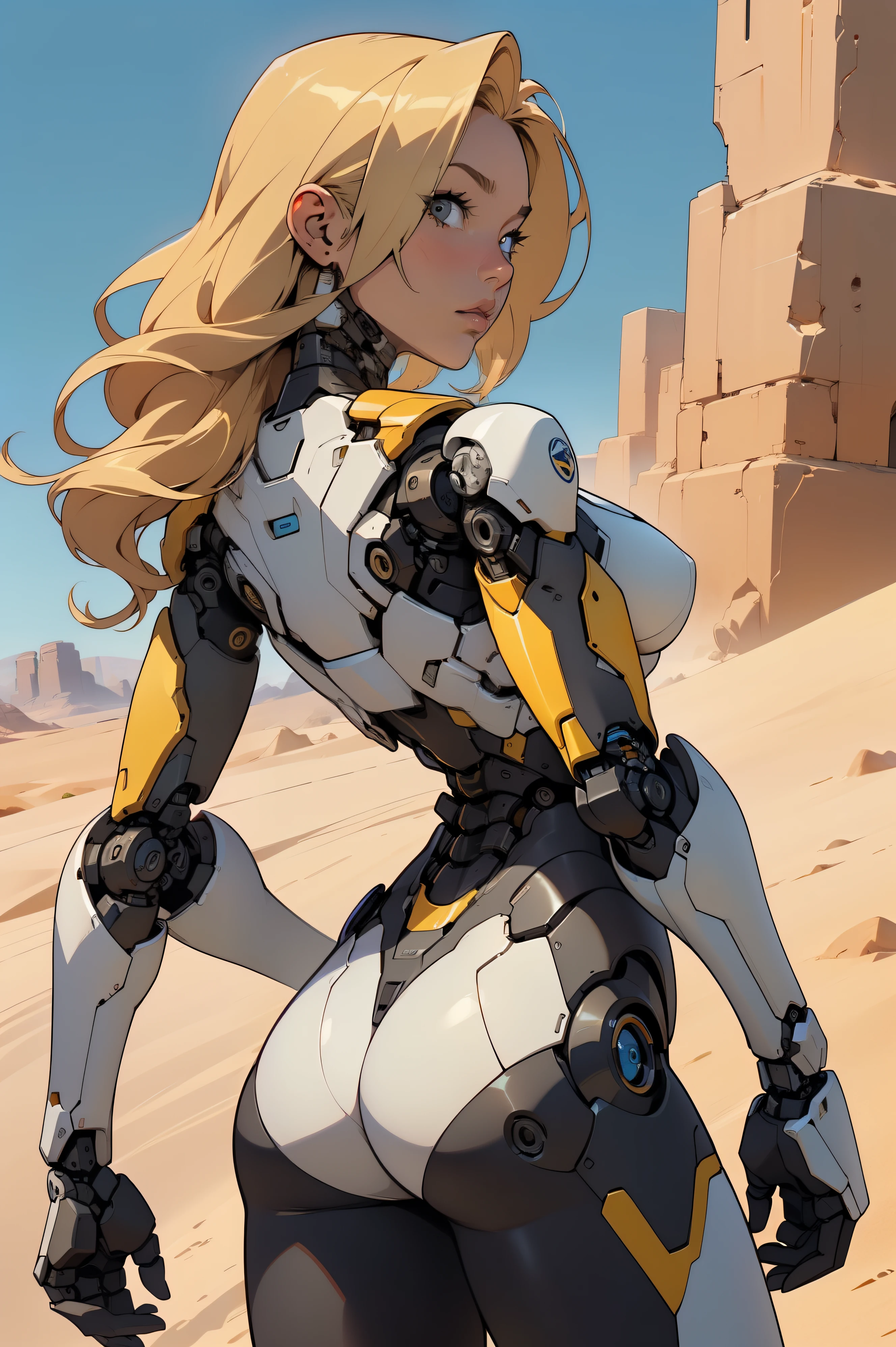 high quality, 4k, masterpiece, beautiful, cyborg girl, cowboy shot, dull eyes, back side, turning around to look at viewer, long blonde hair, girl, small breasts, fit thigh, robotic arms, robotic body, cyborg body, yellow accent, redaccent, intricate detail, joint, detailed lines, robotic detail, 1fist on hip, color robotic parts, robotic parts with color, perfect fingers, on a desert planet, sunny background, colorful desert,