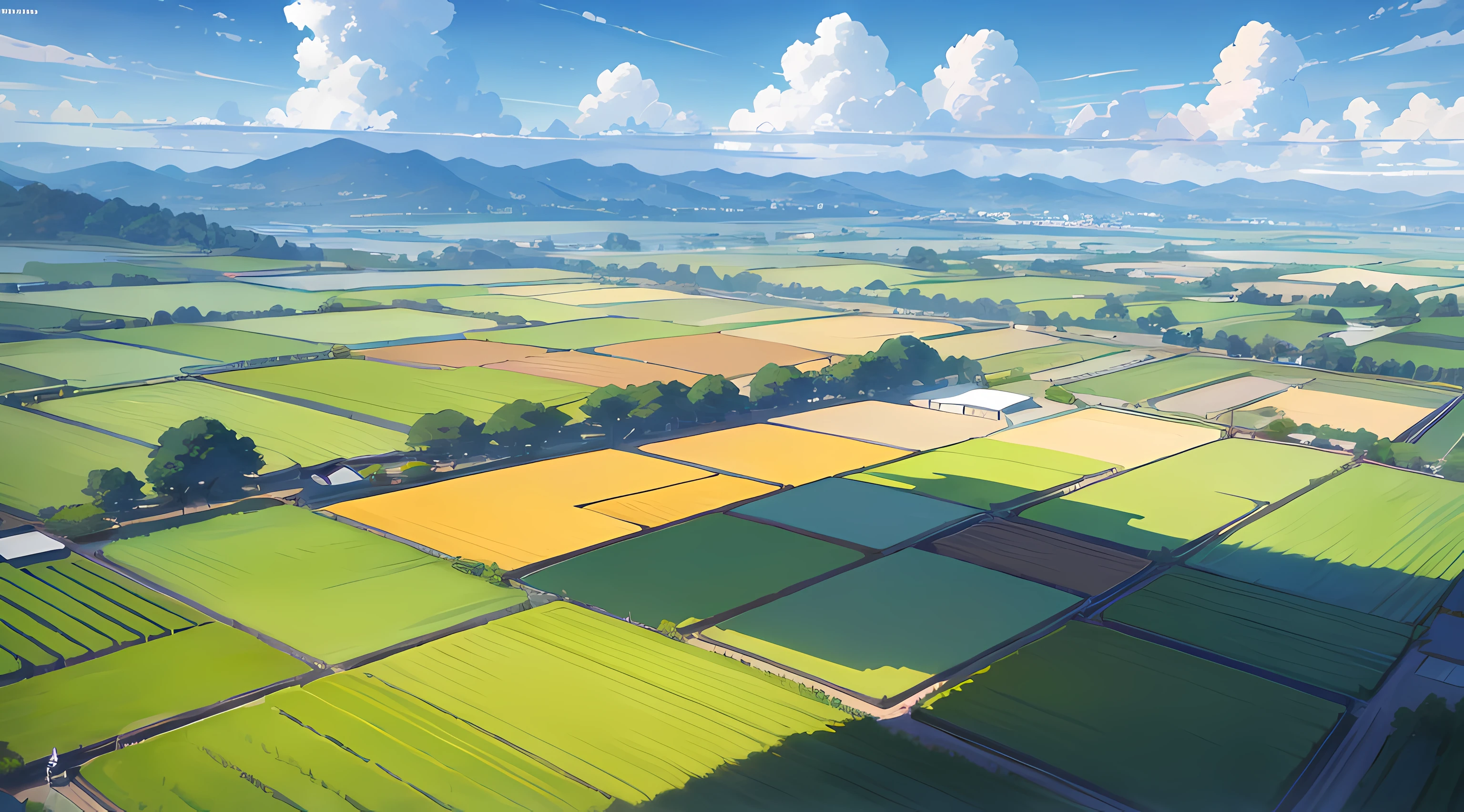 best quality, Japanese countryside, vast fields, greenery, small houses in the background, small river, beautiful blue sky, beautiful sunlight, distant view, colorful anime artwork, beautiful sky, beautiful sunlight, amazing scenery, amazing visuals, beautiful anime artwork, ultrasharp, masterpiece, high res, 8k