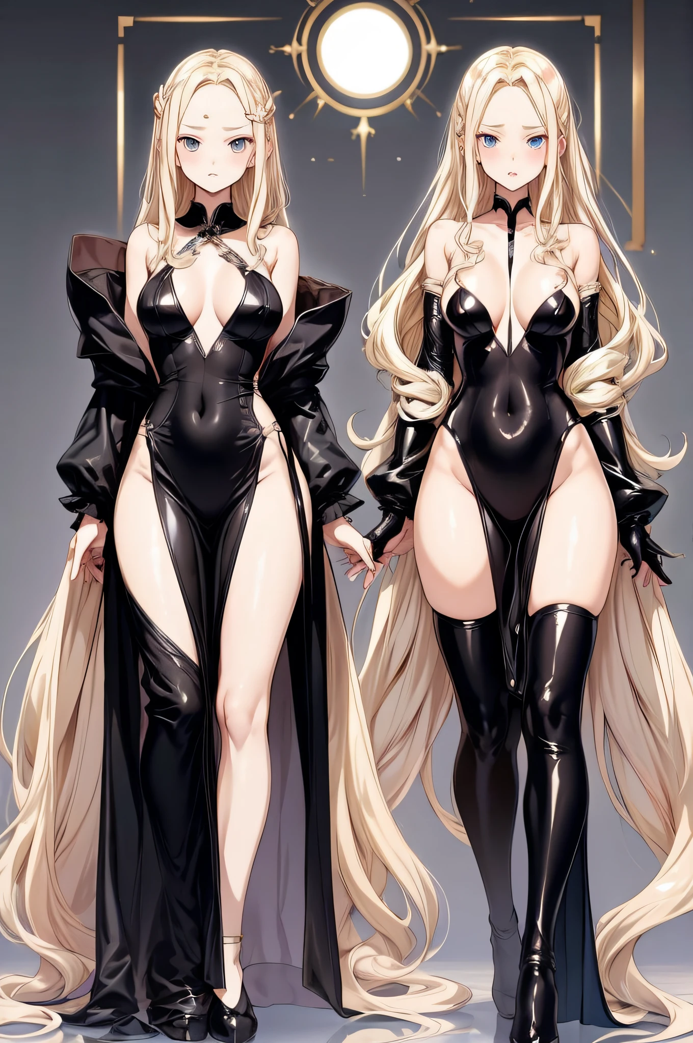 Pale blonde straight hair，Divide hair in the middle，curlies，Forehead exposed，Black slip dress，Full body like，tmasterpiece，ultra-detailliert，Epic composition，high qulity，a beauti，The figure is very good and concave and convex，Stand head-on，greybackground，solid color backdrop