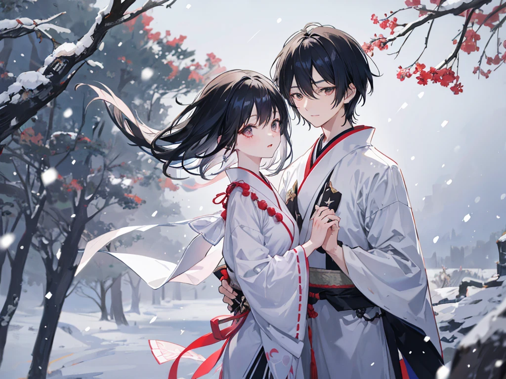 A half-length photo of a man and a woman couple standing side by side in Japanese anime style and looking at each other. It is snowing in winter, beautiful and sweet. The girl has black hair and bangs. The boy has short hair and a boyish look. He has good-looking eyes. The hair is delicate and has a sense of light and shadow. The boy has black hair.