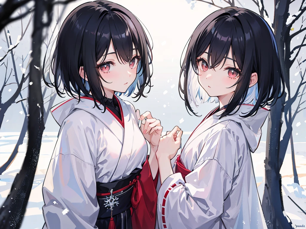 A half-length photo of a man and a woman couple standing side by side in Japanese anime style and looking at each other. It is snowing in winter, beautiful and sweet. The girl has black hair and bangs. The boy has short hair and a boyish look. He has good-looking eyes. The hair is delicate and has a sense of light and shadow. The boy has black hair.