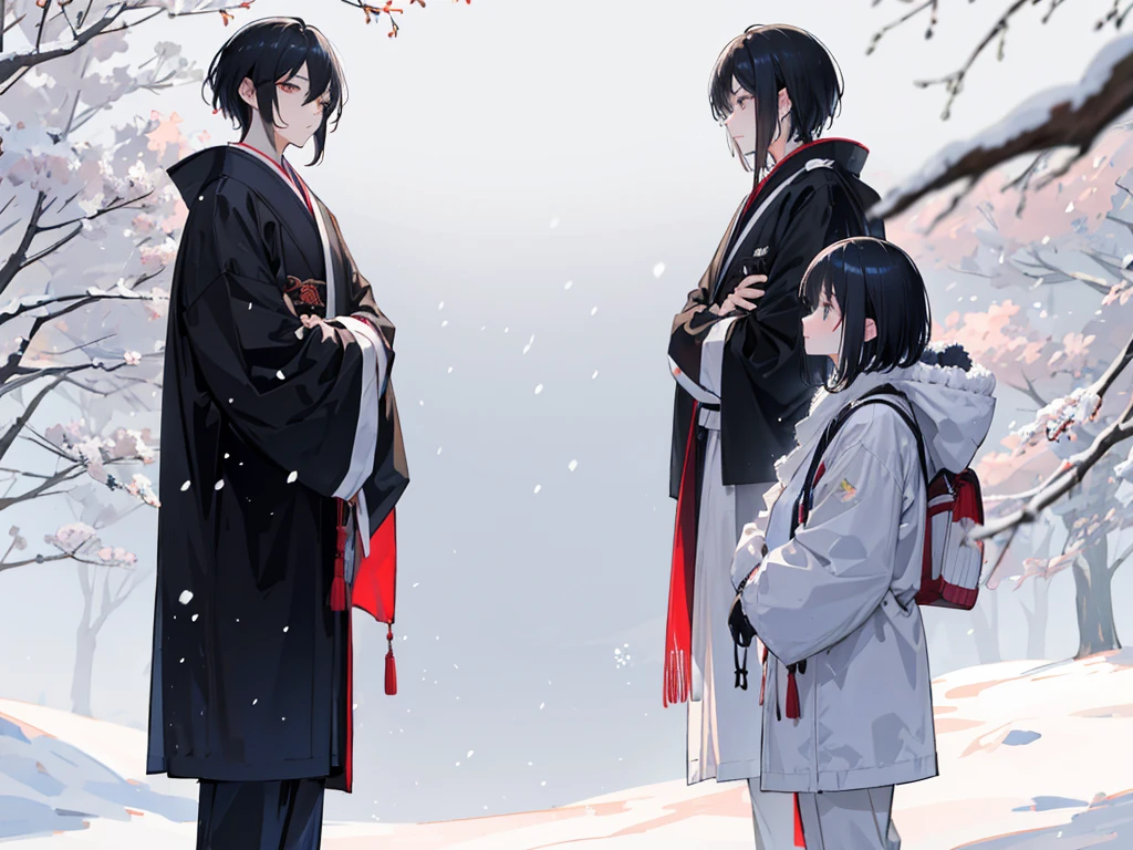 A half-length photo of a man and a woman couple standing side by side in Japanese anime style and looking at each other. It is snowing in winter, beautiful and sweet. The girl has black hair and bangs. The boy has short hair and a boyish look. He has good-looking eyes. The hair is delicate and has a sense of light and shadow. The boy has black hair.