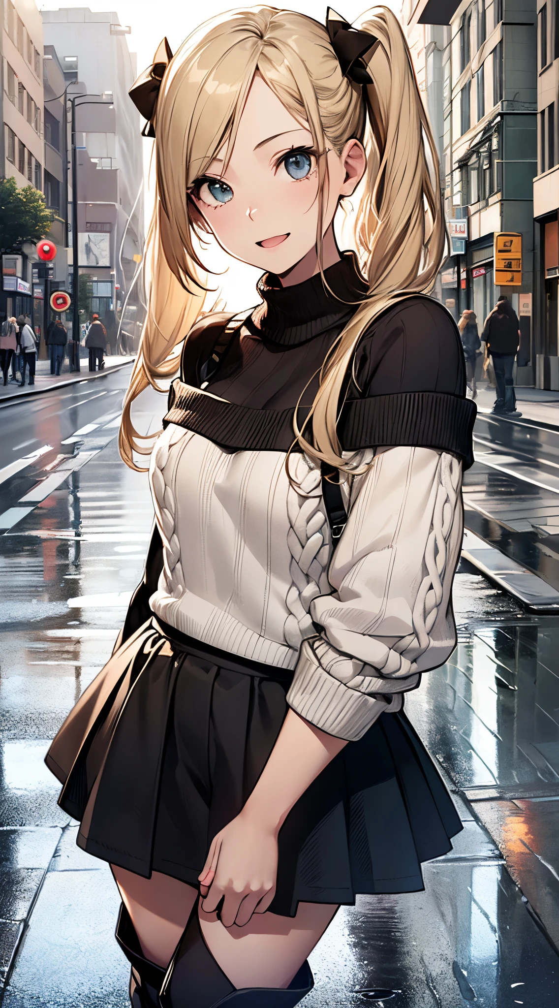 top-quality、supreme1People Girls,hightquality,A detailed face、A detailed eye、Detailed nose、Detailed mouth、 Beautiful expression, ((masuter piece)), ((High resolution)), ((Best Quality)), detail, (Excited face.Very happy,), ((), (Off-shoulder knit sweater、Tight mini skirt、Black stockings、long boots、One bag)、 girl with, a blond, (Half Twin Tail)、Standing figure、fair white skin:1.3、、Smaller chest, cinmatic lighting, perfectly shaded,(((In the street))), Realistic lighting with shades,Reflecting the whole body