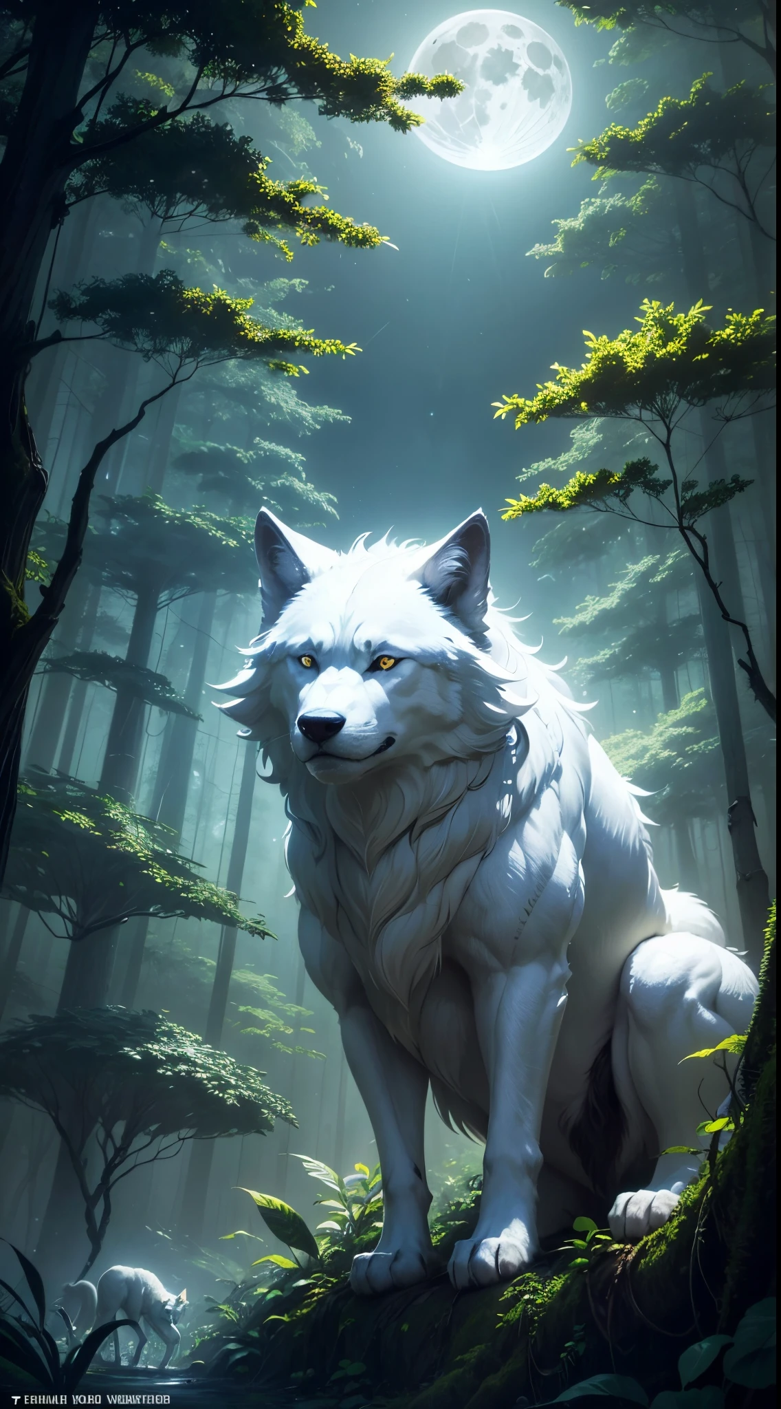 A Jungle sticker,a strong white wolf,a full moon,a deep forest,and a mysterious image. It's night but it's bright
