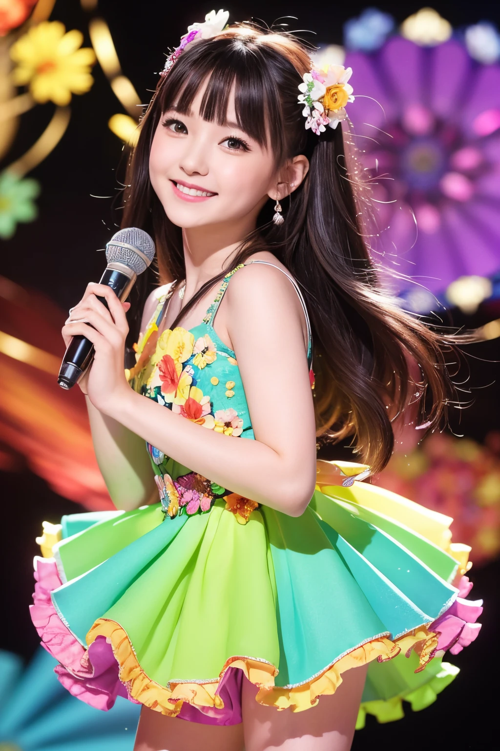 Extremely detailed,(Fractal Art:1.1),(Colorful:1.1)(Flowers:1.3)、 (Dynamic Pose), (Abstract background:1.3)、(Many colors:1.4)、Place one small doll on a circular stand、kawaii pose、A smile、A dark-haired、Chibi Doll、Stars in the eyes（kirakira）、Singing with microphone in hand、Eye Up、Laugh、Cute red shoes、Ultra Detail, radiant light、bio luminescent、Stronger bokeh effect、Taken from the side