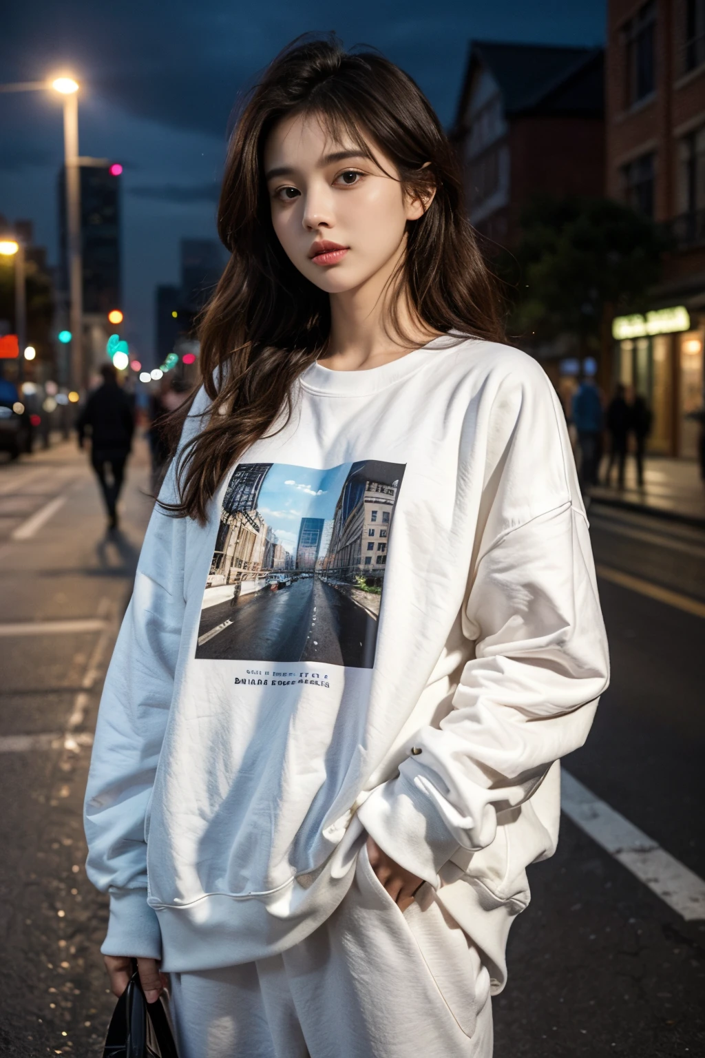 Cute girl, beautiful, black messy hair, brown eyes, no make up, white oversize t-shirt, grey jogger pants, in front of fence, close up, city background, sunset, (photorealistic:1.2), (ultra realistic:1.3), (very detailed:1.1), (realistic skin texture:1.2), ((masterpiece)),