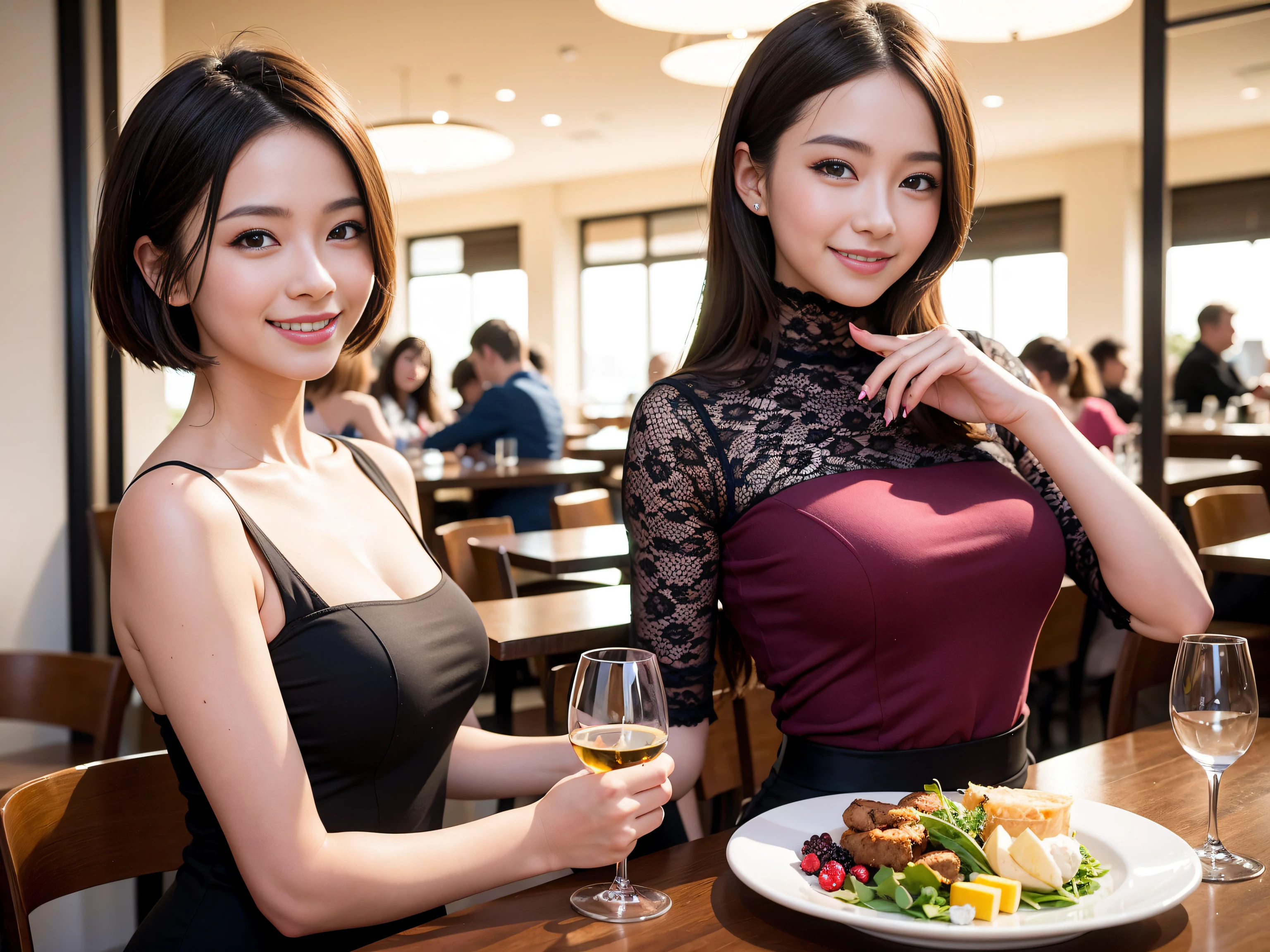 (64K, UHD, top quality, masterpiece: 1.2), (realistic, photorealistic: 1.37), super detailed, pretty woman 1 person, (slim face), (slim body), (brown hair), (short cut), cheeks slightly blushing, (44 years old), 38 years old, solo, beautiful detailed urban night view outside the window, restaurant, wine glasses sit, at night, in a prominent placeNovaFrogStyle, Actress, Model, Waist Up, White Wine, Slim, Wine Glass, Super Clean Night View, Wine Glass Put in the Middle, Happy Smile, (Smile: 1.15), Beautiful Fine Eyes, Upper Body, Bust Japan Up, Night, Short, Short, Actress, Model, Waist Up, White Wine, Slim, Wine Glass, Super Clean Night View, Wine Glass Put in the Middle, Happy Smile,