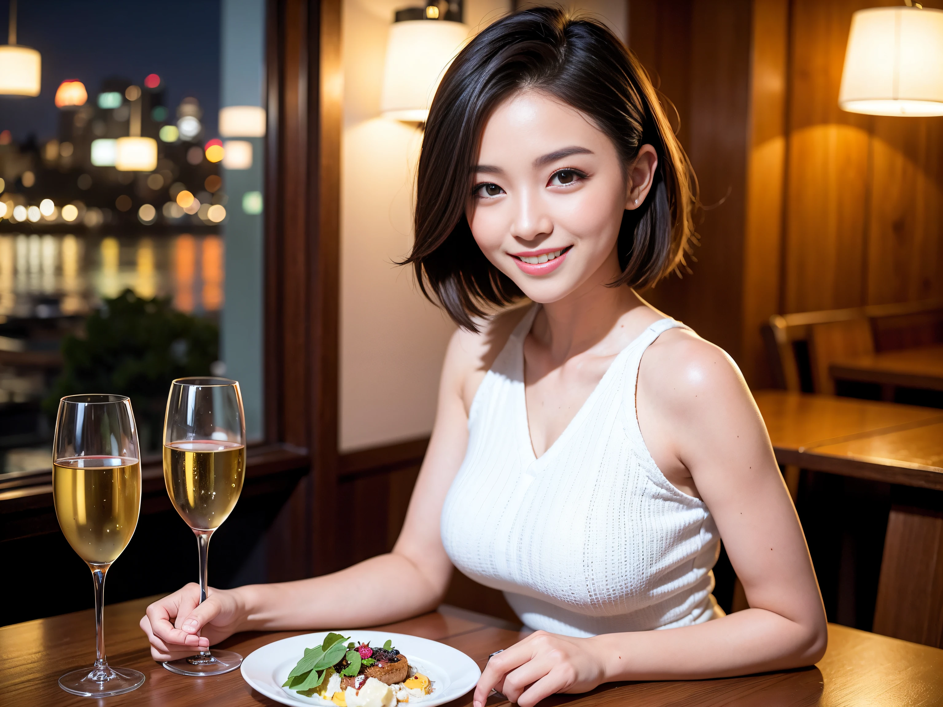 ((Highest quality、8K、masterpiece:1.3))、Shortcuts、cute、slimカップル、modelカップル、actress男優、(Realistic, Intricate details:1.2), full-course dinner、Wine Party、Amazing view of the sunset sky and clouds、A bright smile、short hair,Bright Face、45 years old), 42 years old, red wine 、Appetizers、Italian food、Wine bottle、Champagne、sparkling wine、Two beauties、Brown Hair、Shortcuts、Long sleeve shirt、dress、Beautiful woman 1, (slimな顔), (The body is slim), (Brown Hair), (Shortcuts), cheeks turn a little red,Attractive beauty、restaurant, In a prominent place (From the waist up) Nova Frog Style, actress, model, Upper Body, White wine, slim, wine glass, 中央に置かれたwine glass, smile, (smile: 1.15), Beautiful fine grain, Depth f/2,saturation, High Contrast, Strong light and shadow,Moist Body:1.5、3D texture、Delicate eyes、Brown Hair、The hair is very shiny、