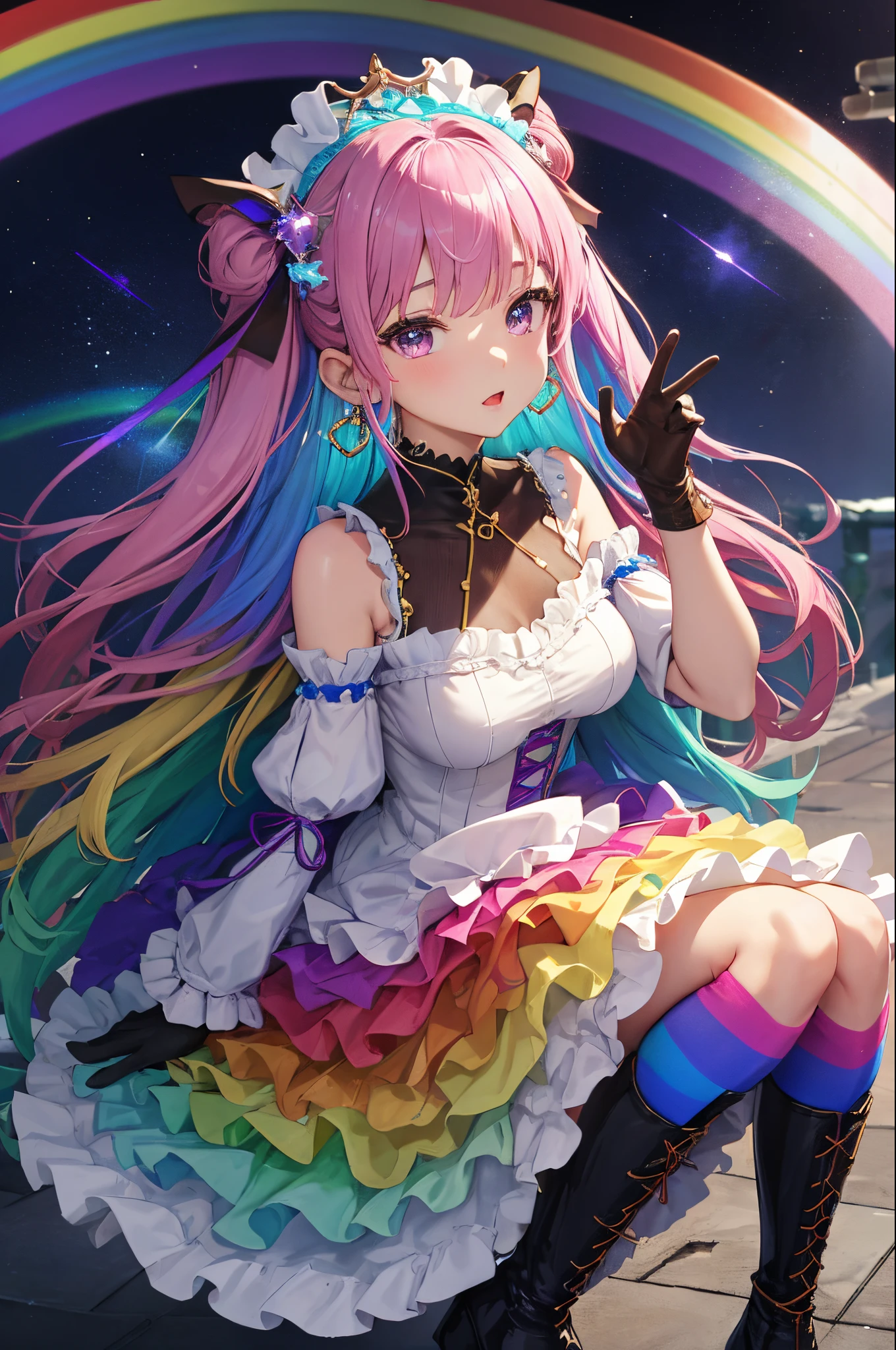 PH Momo、momohd、phmomo、独奏、女の子 1 人、A pink-haired、Purple eyes、big eye、爆乳、
BREAK ((Colorful, Vivid Color):1.3), (like a hologram々tome&#39;tome&#39;It&#39;s a bright colored dress:1.5), ((rainbow crinoline, Multilayer skirt in rainbow colors):1.4), (Gothic lolita:1.2), (lace-up:1.2), ((Sleeveless, Bare shoulders):1.2), (Rainbow Fairy Wings:1.3),
BREAK (Platform High Boots:1.1), (Long gloves:1.2), ((earrings, Riman):1.2),