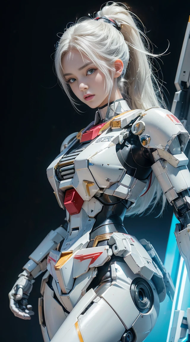 Beautiful young girl, ponytail hair, beautiful eyes, beautiful face, raw photo, 8k, high detailed, (gundam), pale lips, white skin, textured skin, (beautiful cyborg woman), (pretty girl), mecha cyborg girl battle mode, girl with a mecha body, she wears a futuristic gundam mecha, full body shot