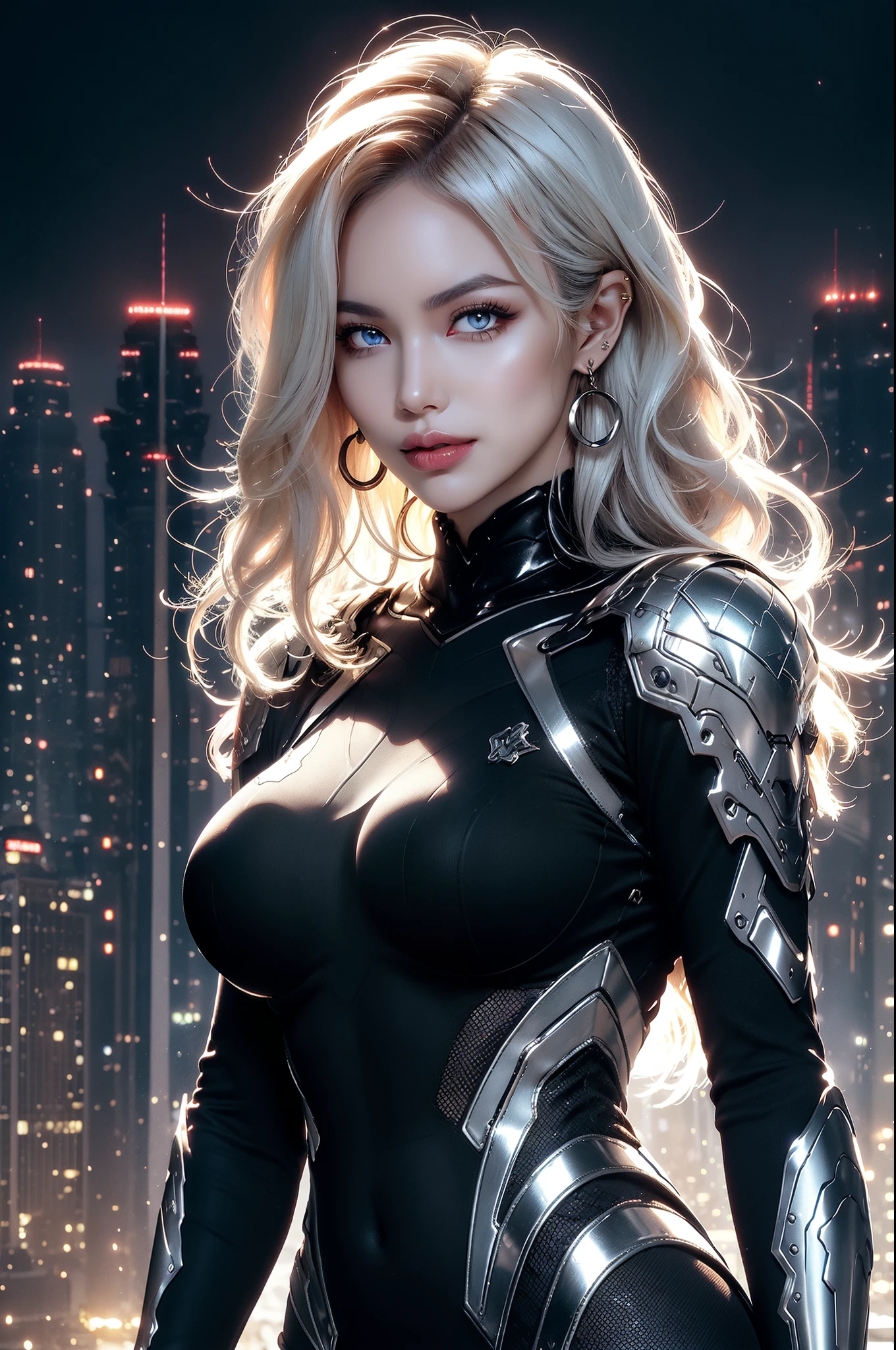 (masterpiece), best quality, expressive eyes, perfect face, beautiful details face, beautiful round eyes, upper body, A beautiful mature woman in cyber armour suit shows her Extremely busty and attractive breasts, (light smile), (midnight blue hair), glowing hair, multicolored hair, (random hairstyles, shiny hair, gradient hair, colored inner hair, (short straight hair), medium short hair), (covered chest), fair skin, (beautiful detailed full bodysuit:1.3), full body cyber armour, glowing and shining armor, silver and blue cyber armour,(Edge lights:1.3), (silver and blue colour scheme:1.3), neon light on Armor, beautiful details eyes, (midnight blue eyes:1.2), (glowing eyes:1.2), hair ornament, (Gigantic saggy breasts:1.3), thick body, (well accentuated curves), pink lips, (silver nails), mascara, Long eyelashes, eyeliner, (Extremely wide well defined hips:1.3), (beautiful massive thick muscular thighs:1.3), has a tall slender figure, (Extremely detailed skin texture:1.1), beautiful detailed realistic muscle definition, golden fireflies that shimmer, high detailed eyes, ultra-high quality model, proportionate, intense colouration fantasy, (background Spiral galaxy), beautiful background, gold and silver tetradic colours, earrings, detached sleeves, jewelry, earring, (1girl), solo,