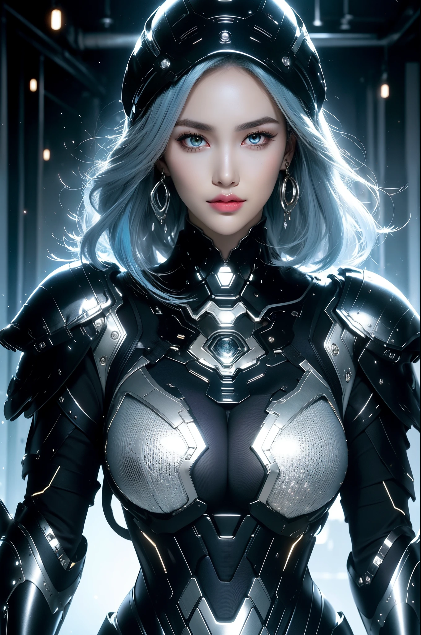 (masterpiece), best quality, expressive eyes, perfect face, beautiful details face, beautiful round eyes, upper body, A beautiful mature woman in cyber armour suit shows her Extremely busty and attractive breasts, (light smile), (platinum blue hair), glowing hair, multicolored hair, (random hairstyles, shiny hair, gradient hair, colored inner hair, (short straight hair), medium short hair), (covered chest), fair skin, (beautiful detailed full bodysuit:1.3), full body cyber armour, glowing and shining armor, silver and blue cyber armour,(Edge lights:1.3), (silver and blue colour scheme:1.3), neon light on Armor, beautiful details eyes, (midnight blue eyes:1.2), (glowing eyes:1.2), hair ornament, (Gigantic saggy breasts:1.5), thick body, (well accentuated curves), pink lips, (silver nails), mascara, Long eyelashes, eyeliner, (Extremely wide well defined hips:1.3), (beautiful massive thick muscular thighs:1.3), has a tall slender figure, (Extremely detailed skin texture:1.1), beautiful detailed realistic muscle definition, golden fireflies that shimmer, high detailed eyes, ultra-high quality model, proportionate, intense colouration fantasy, (background Spiral galaxy), beautiful background, gold and silver tetradic colours, earrings, detached sleeves, jewelry, earring, (), (1girl), solo,