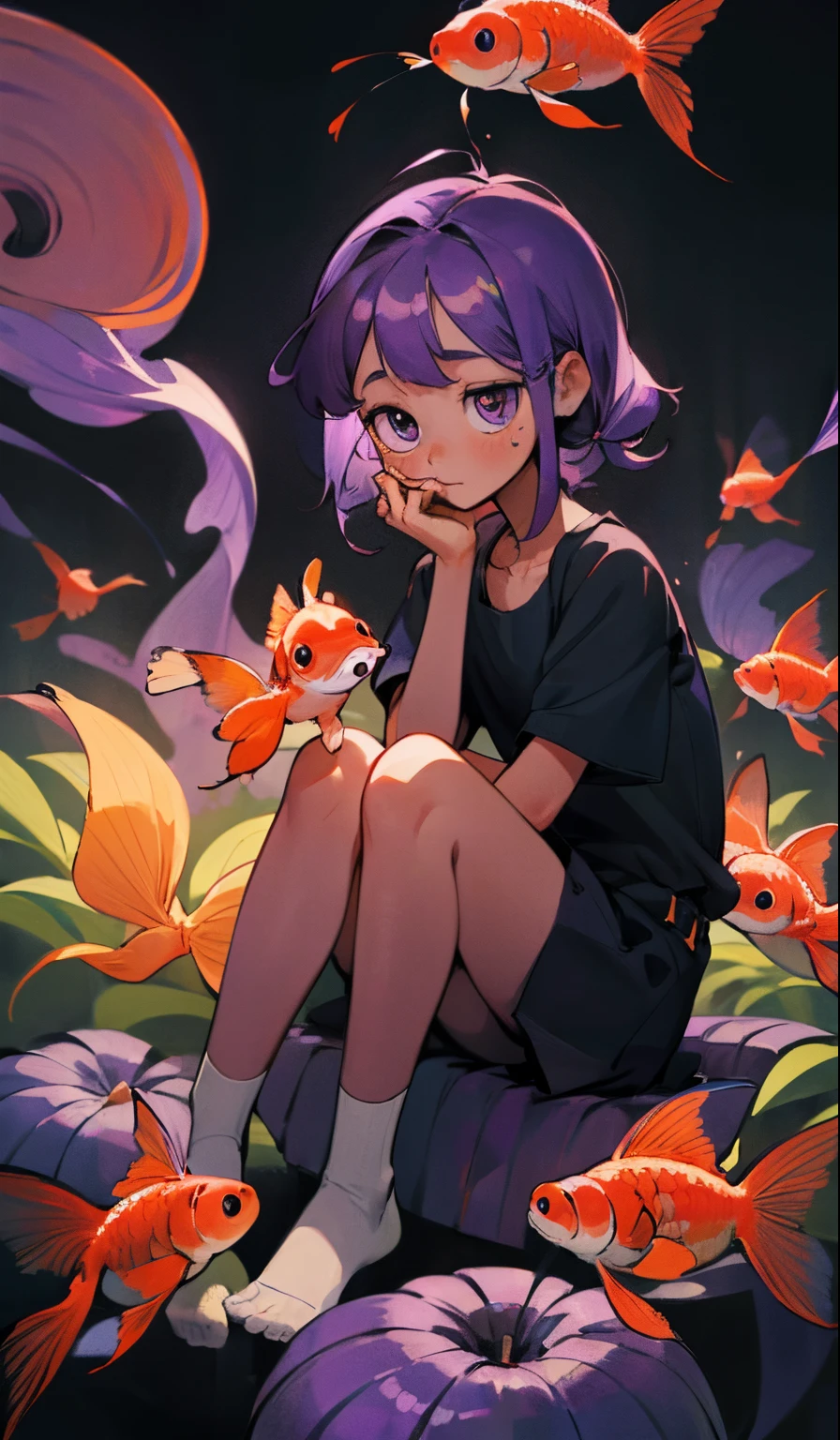 Perfect picture,,{Chiquita}{admire,elementary student}{Goldfish scoop}{hedonism}{knees up}, girl,4K picture quality, Cinematic,,{Gamine},{small body and chest,,} Longhaire,Purple hair,cute little, perspiring