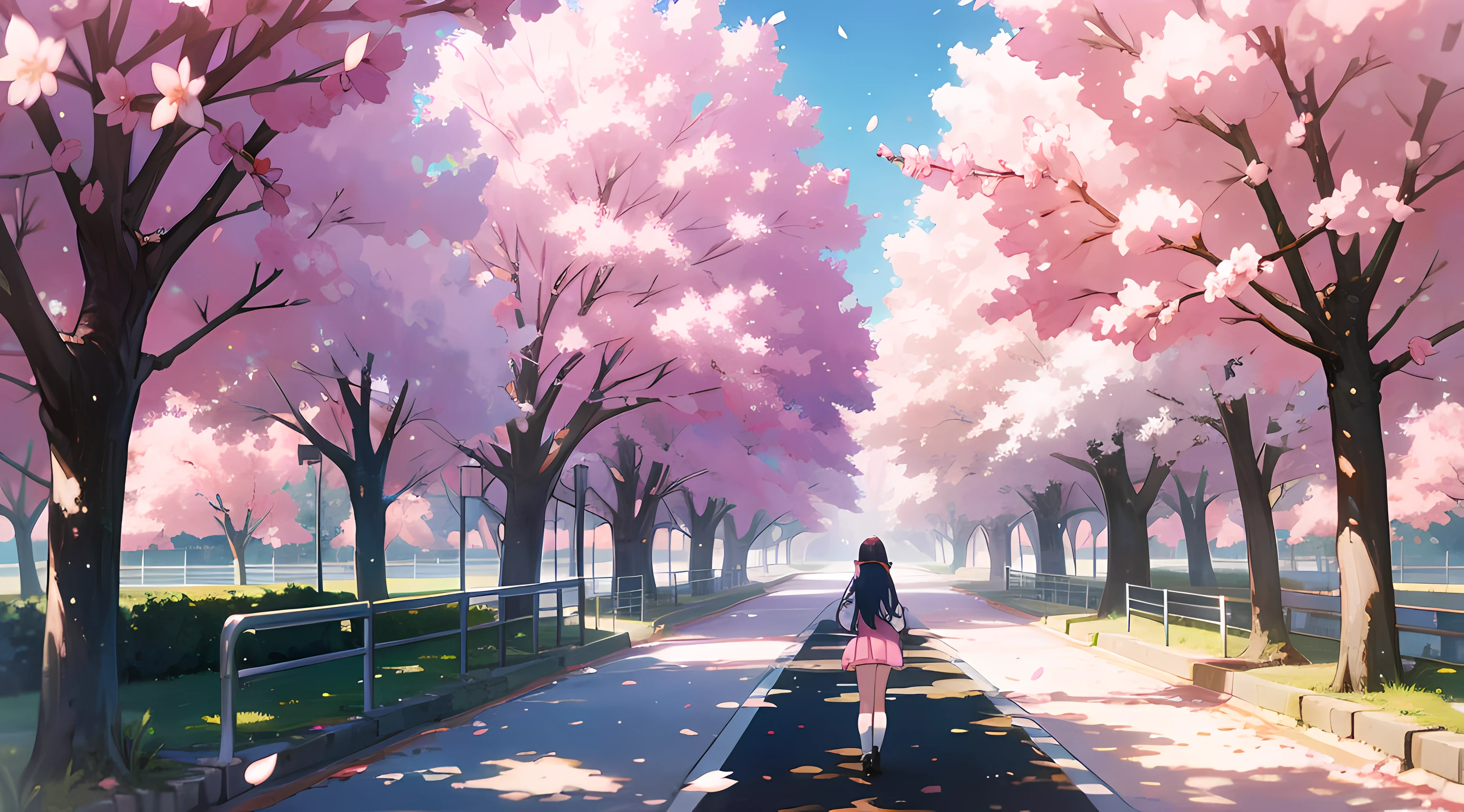 anime high school, beautiful sakura trees, sakura petals, beautiful blue sky, beautiful sunlight, crowd of high school girls, school uniform, looking from the center, colorful anime artwork, amazing scenery, amazing visuals, beautiful anime artwork, ultrasharp, masterpiece, high res, 8k