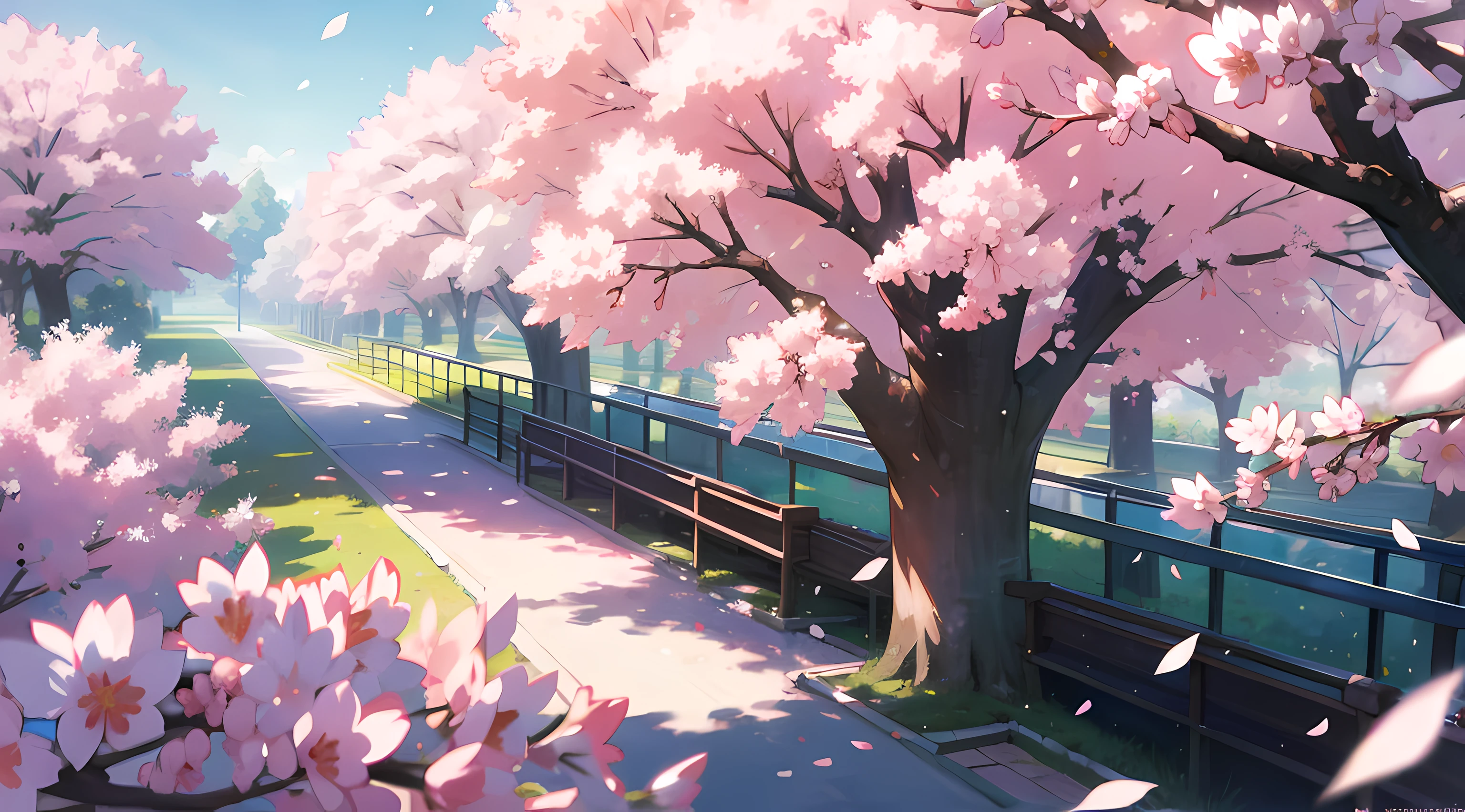 anime high school, beautiful sakura trees, sakura petals, beautiful blue sky, beautiful sunlight, crowd of high school girls, school uniform, looking from the center, colorful anime artwork, amazing scenery, amazing visuals, beautiful anime artwork, ultrasharp, masterpiece, high res, 8k