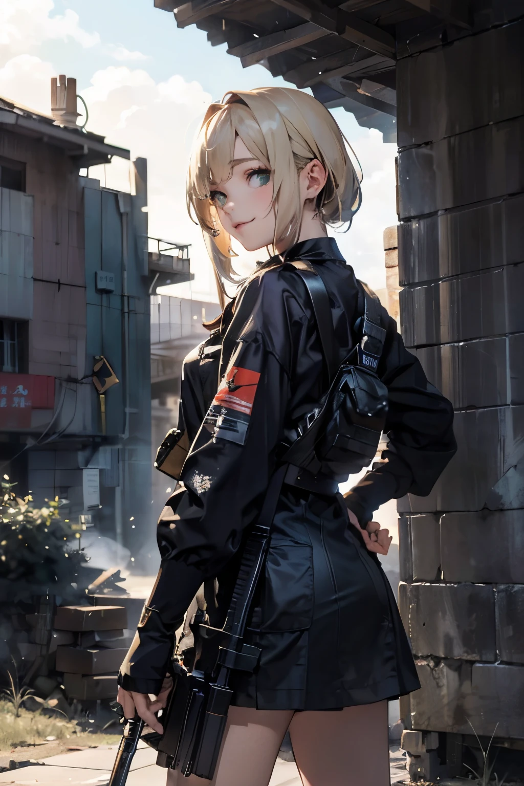 a 20 yo woman、a blond、A smile、turned around、(hi-top fade:1.3)、skirt by the、dark themed、Muted Tones、Subdued Color、highly contrast、(natural skin textures、Hyper-Realism、Soft light、sharp)、{{Masterpiece, top quality, highly detailed CG, unified 8k wallpaper, movie lighting, lens flare}}, 1 girl holding a rifle through the wall, wide view, thick body, long blonde hair soaring in the wind, green eyes, (holding a weapon, holding a rifle, aiming, aiming: 1.4), gun, h&k hk416, carbine, open fire, rubble, ruins of conflict areas, plumes, nitric smoke, blast waves, Flying bullets, sniper, 35mm, f/1.8, night