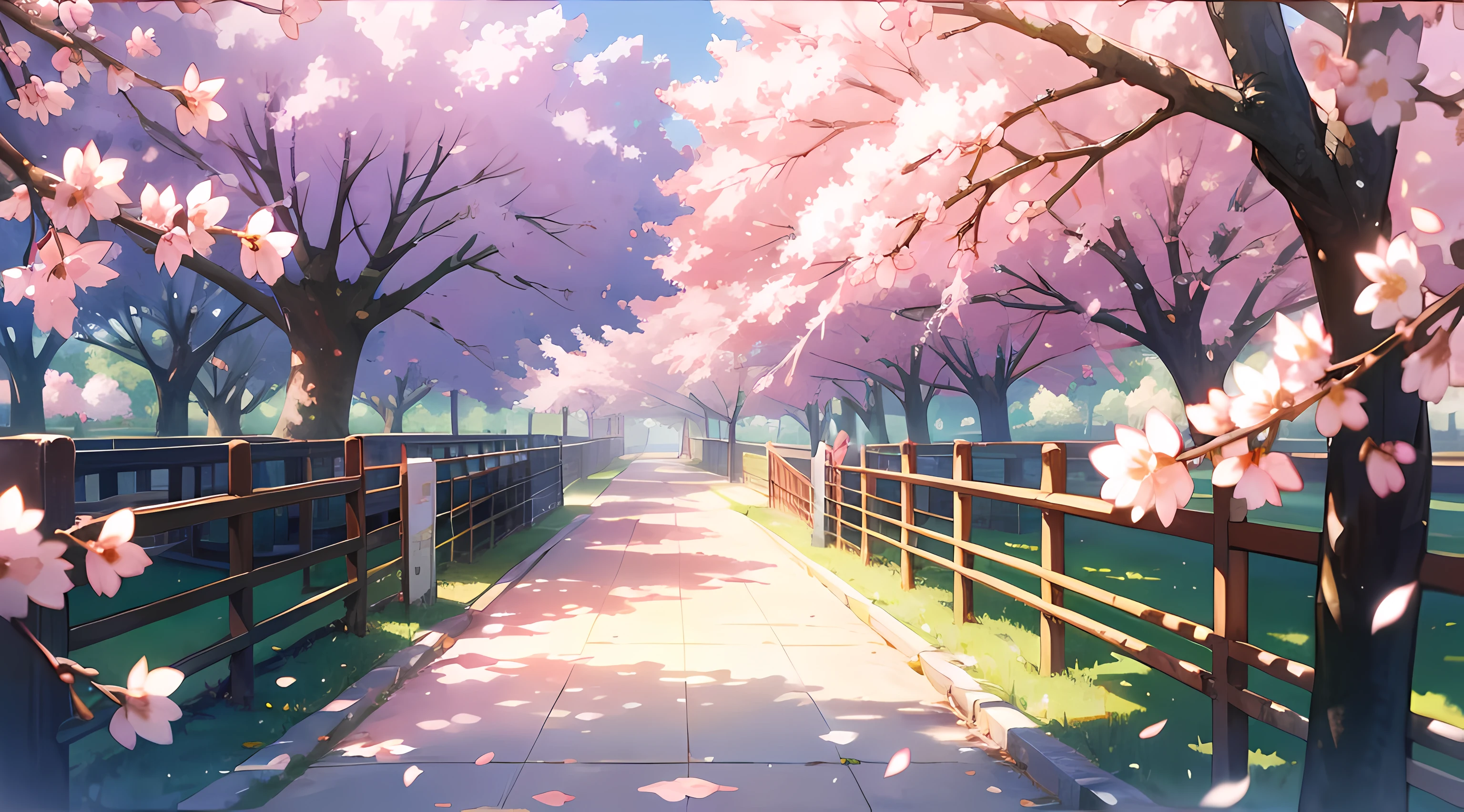 anime high school, beautiful sakura trees, sakura petals, beautiful blue sky, beautiful sunlight, crowd of high school girls, school uniform, looking from the center, colorful anime artwork, amazing scenery, amazing visuals, beautiful anime artwork, ultrasharp, masterpiece, high res, 8k