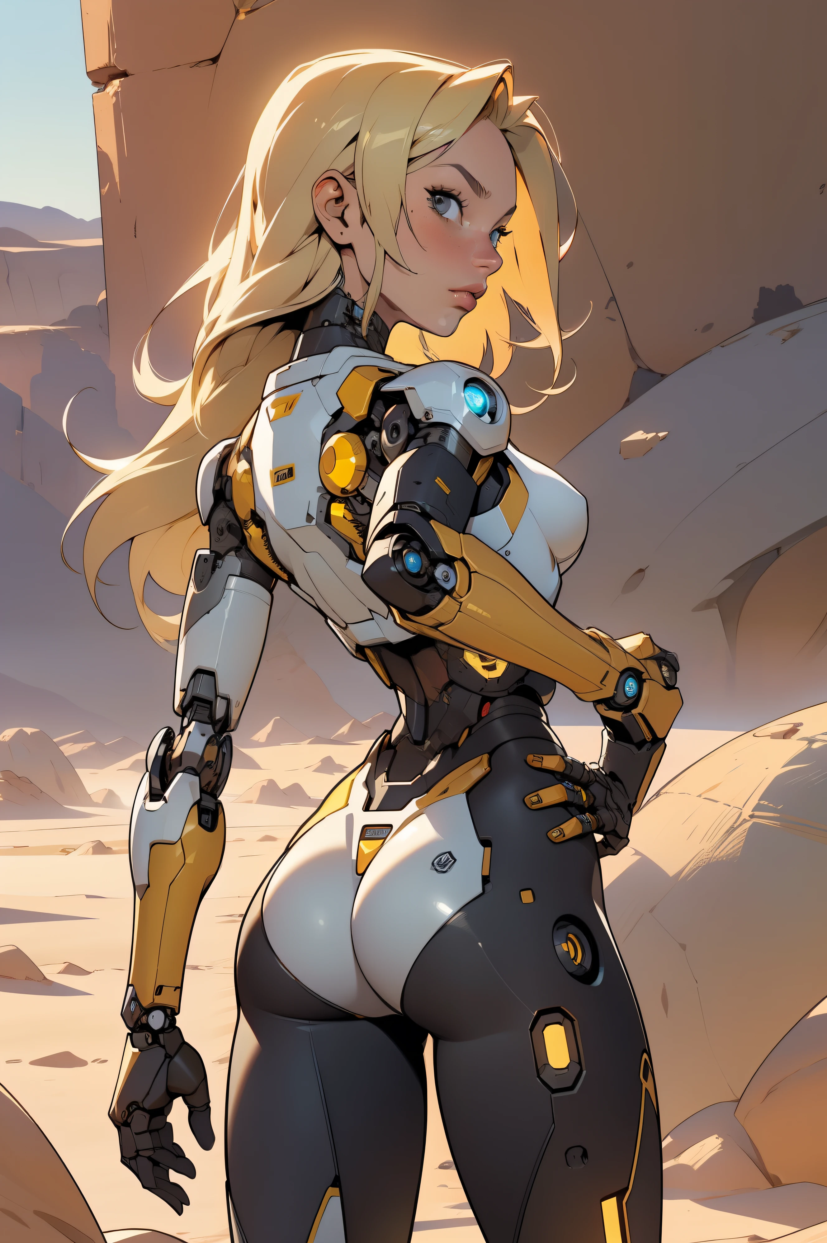 high quality, 4k, masterpiece, beautiful, cyborg girl, cowboy shot, dull eyes, back side, turning around to look at viewer, long blonde hair, girl, small breasts, fit thigh, robotic arms, robotic body, cyborg body, yellow accent, red accent, intricate detail, joint, detailed lines, robotic detail, one fist on hip, color robotic parts, robotic parts with color, perfect fingers, on a desert planet, sunny background, colorful desert,