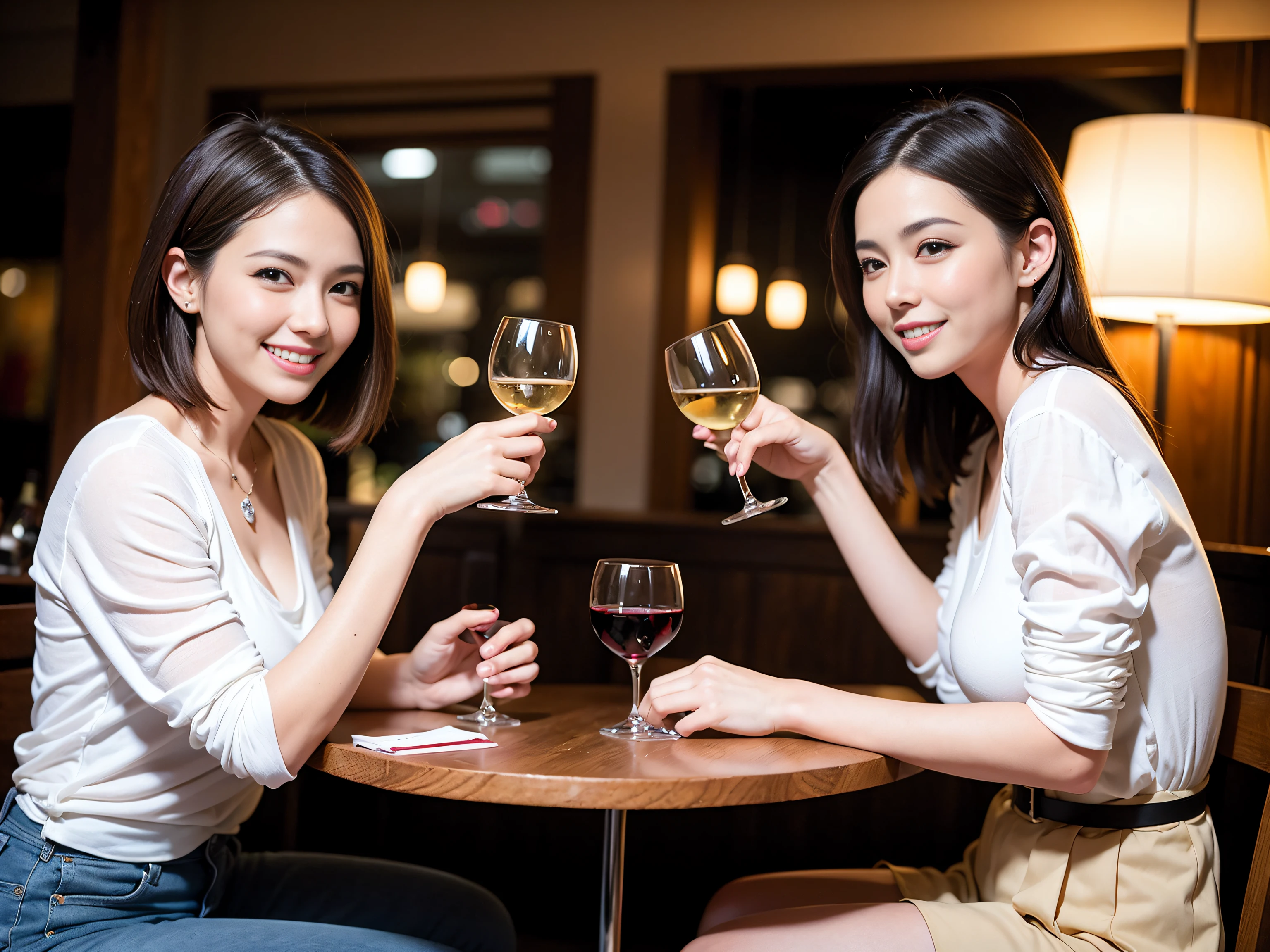 ((Highest quality、8K、masterpiece:1.3))、1 male 1 female、Slim lover、Beautiful couple、Smile、full-course dinner、 (Slim face), (the body is スリム), (Brown Hair), (Shortcuts), ((Bob Hale、Straight hair:1.2)), テーブルの上のwine glass、Shine light on your face、 Amazing view of the sunset sky and clouds、The beauty of a smile、Bright image、Blushing, Shortcuts, (43 years old), 39 years old, Appetizers、Italian food、Wine bottle、Champagne、sparkling wine、Long sleeve shirt、dress、Attractive beauty、restaurant, Nova Frog Style, actress, model, Upper Body, White wine, red wine, wine glass, 