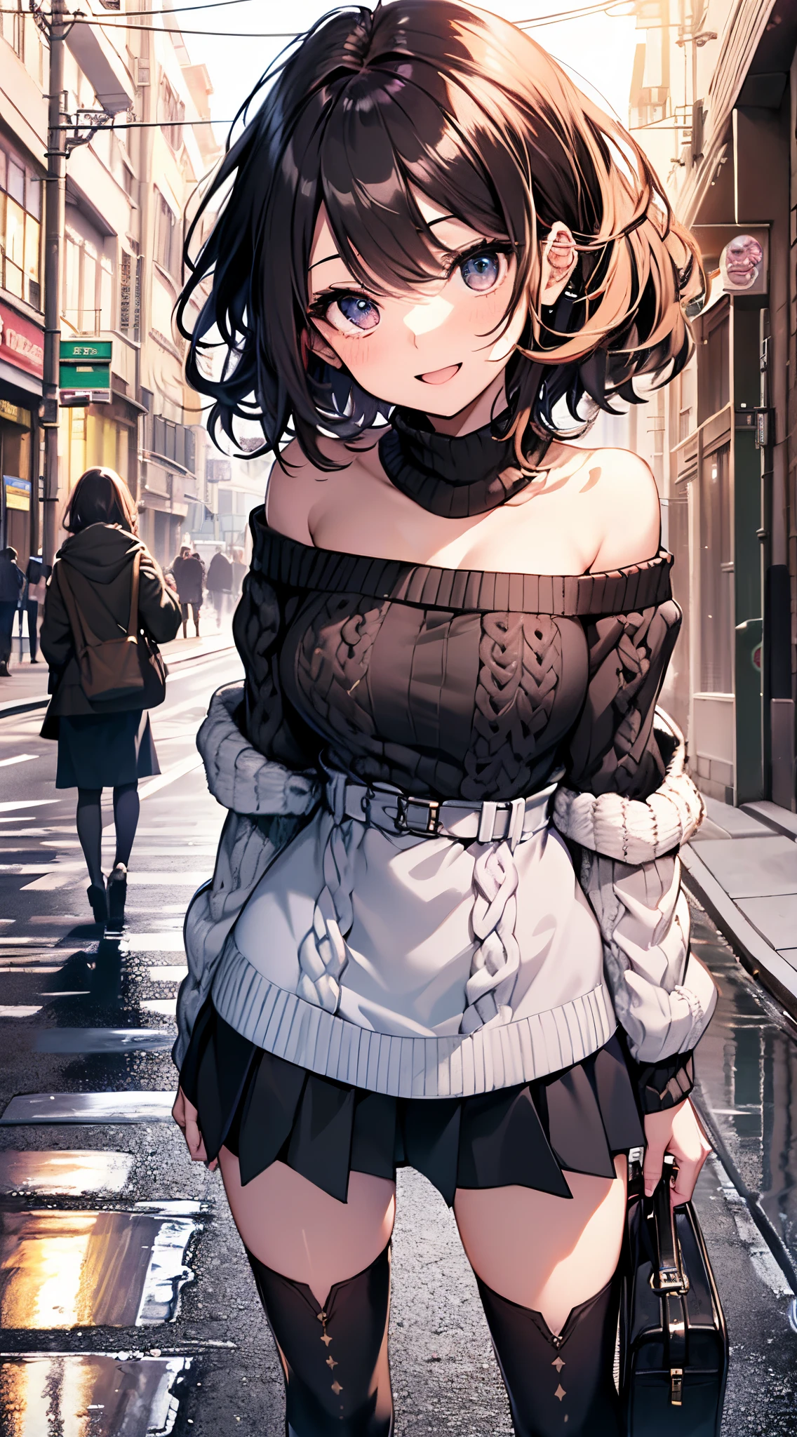 top-quality、supreme１People Girls,hightquality,A detailed face、A detailed eye、Detailed nose、Detailed mouth、 Beautiful expression, ((masuter piece)), ((High resolution)), ((Best Quality)), detail, (Excited face.Very happy,),(Off-shoulder knit sweater、Tight mini skirt、Black stockings、long boots、One bag)、 girl with, Red-haired, (short-hair)、Standing figure、fair white skin:1.3、、Big breasts, cinmatic lighting, perfectly shaded,(((In the street))), Realistic lighting with shades,Reflecting the whole body