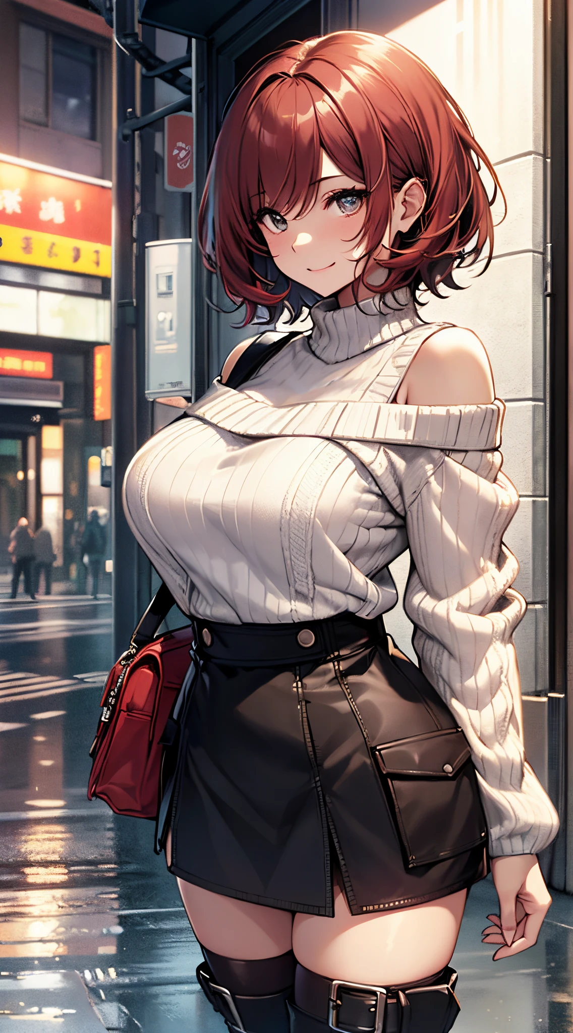 top-quality、supreme1People Girls,hightquality,A detailed face、A detailed eye、Detailed nose、Detailed mouth、 Beautiful expression, ((masuter piece)), ((High resolution)), ((Best Quality)), detail, (Excited face.Very happy,),(Off-shoulder knit sweater、Tight mini skirt、Black stockings、long boots、One bag)、 girl with, Red-haired, (short-hair)、Standing figure、fair white skin:1.3、、Big breasts, cinmatic lighting, perfectly shaded,(((On the street at night))), Realistic lighting with shades,Reflecting the whole body