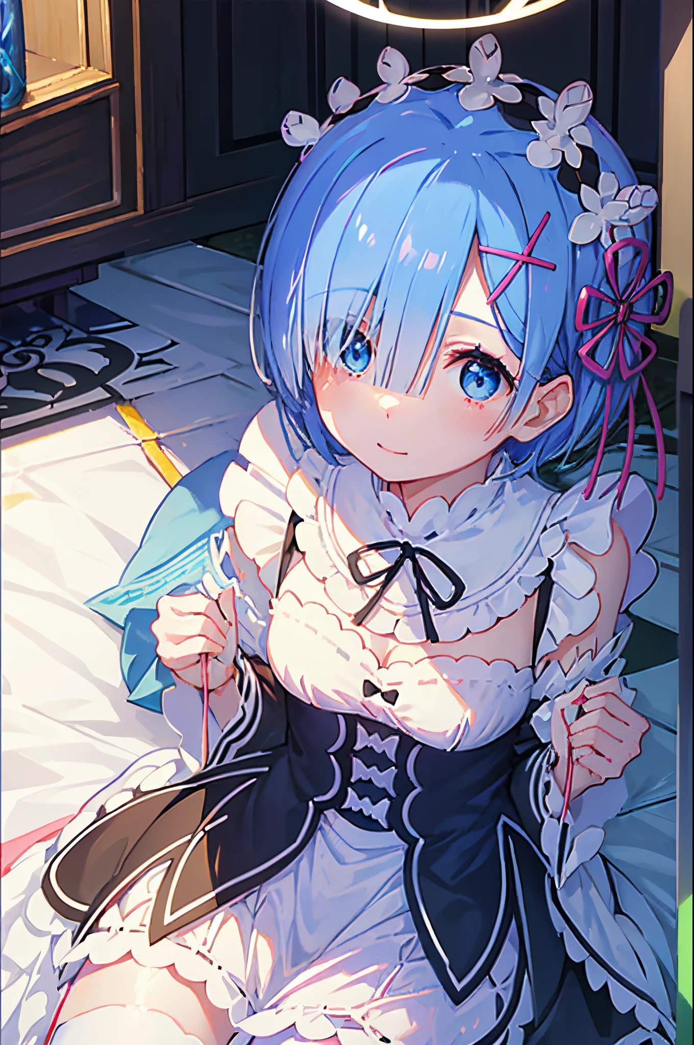 hairstyle is short bob、The right eye is hidden、Blue hair、Blue eyes、maid clothes、Pink ornament on the left side of the head、White Brim、white stockings、mansion、A slight smil、At work