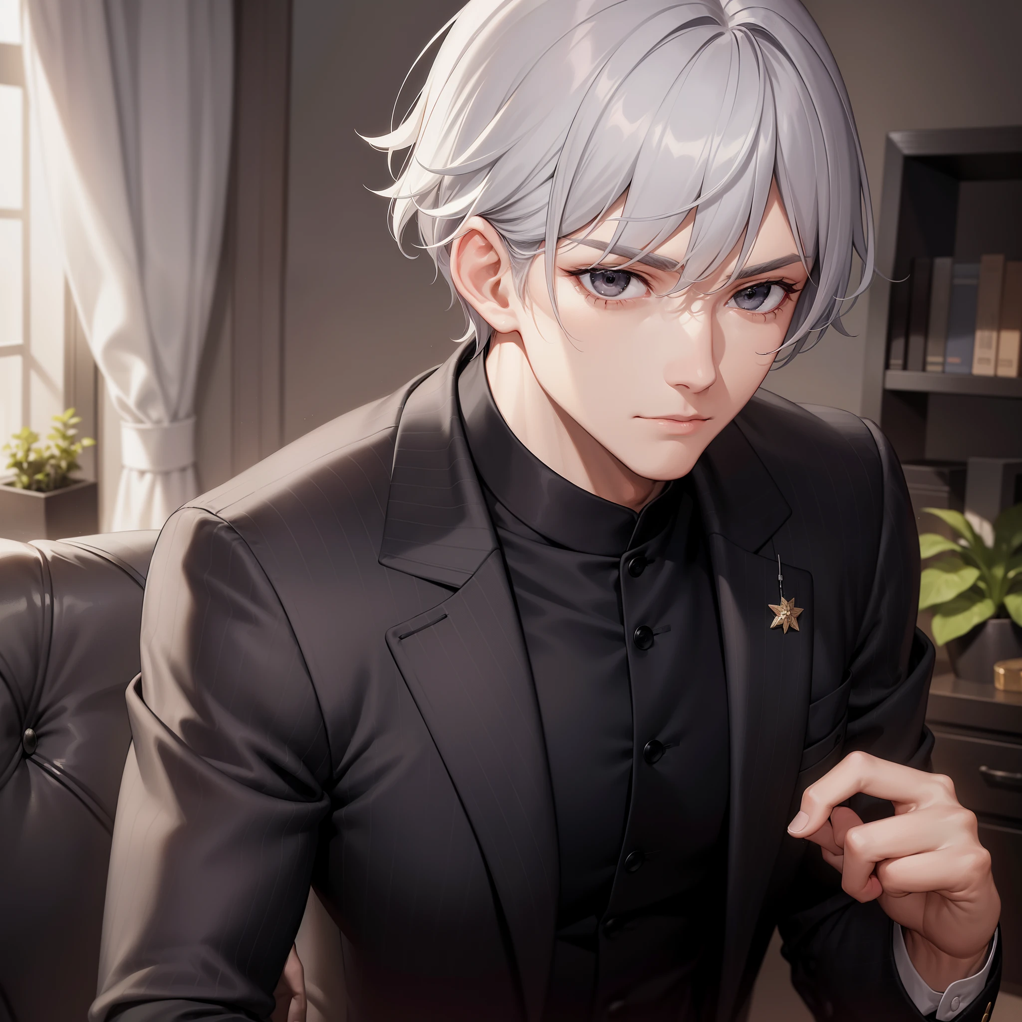 A handsome man with silver hair and black eyes, wearing a branded clothes, looking at you with a shyly, villa, modern era, holding a coin, fix his hands, make it 5 fingers not 3