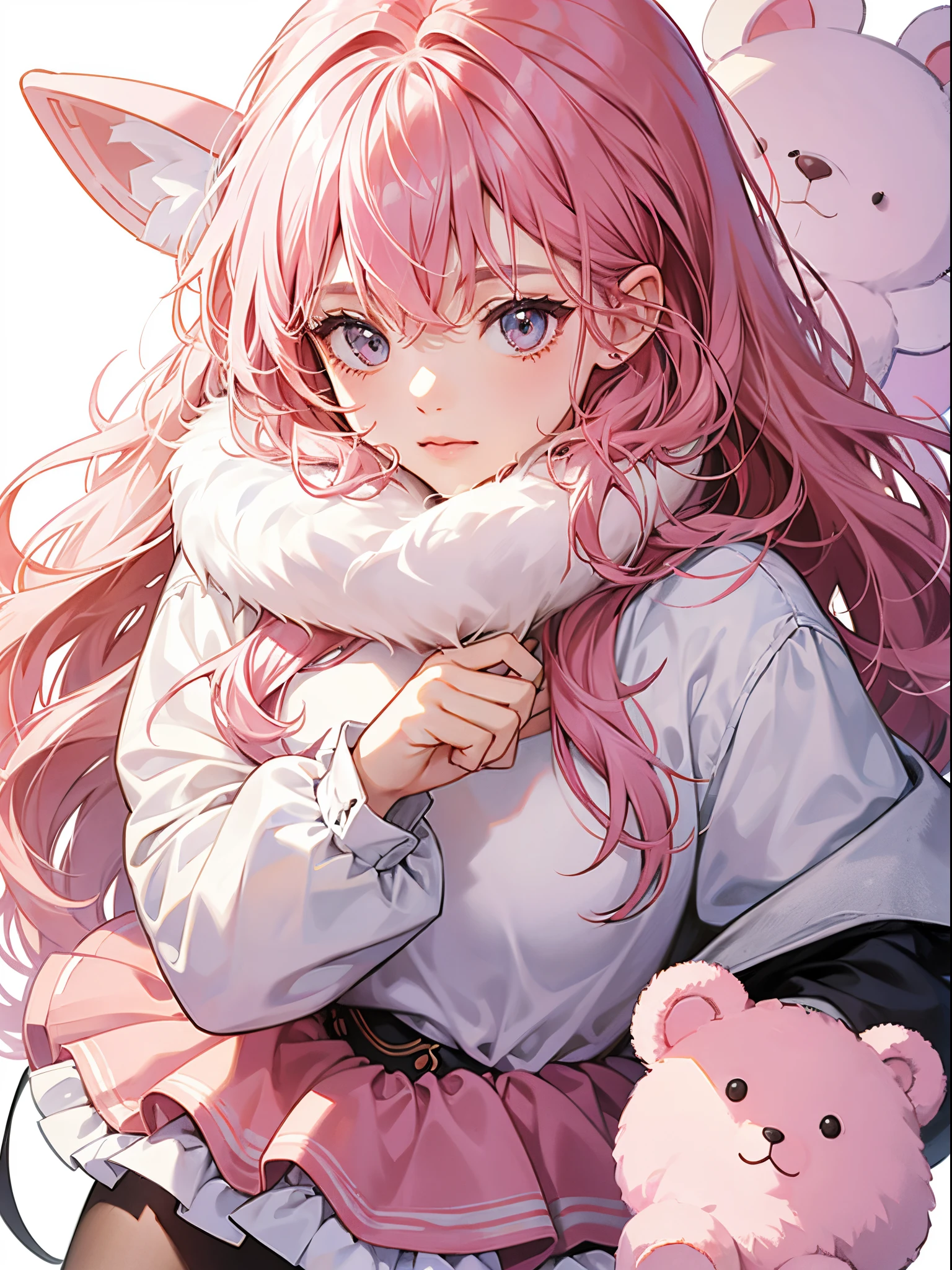 girl pink hair long hair holding a teddy bear white background illustration character