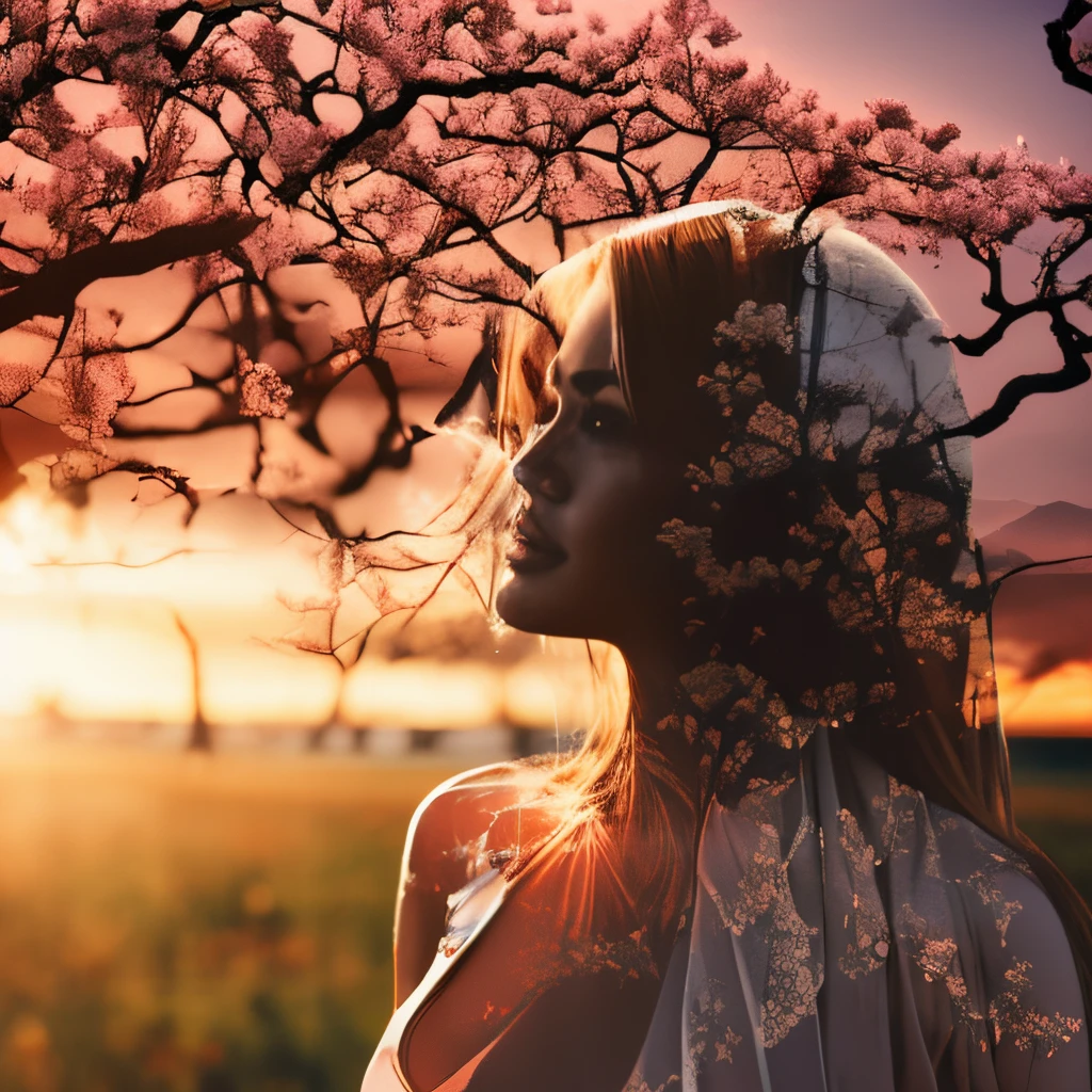 (Double exposure effect:1.3) of (female portrait :1.2) (silhouette:1.1) beautiful bust bimbo, foliage, gigantic breast, cleavage, giga_busty, superimposed against cherry trees, soft colors, negative space, photoillustration, giga_busty,