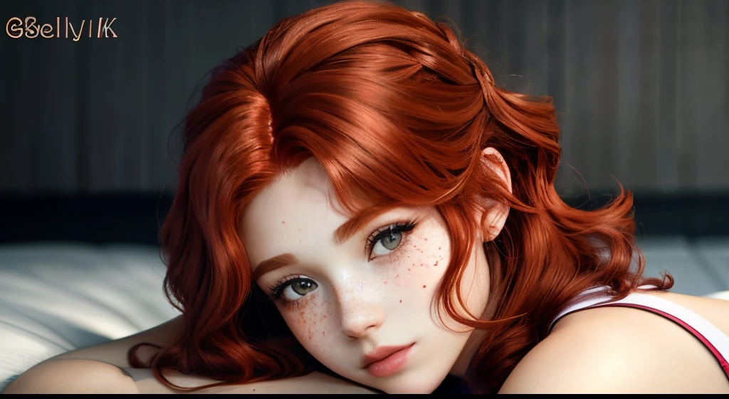 he red haired woman has large hair on top of her head in a white tank top, 1girl, solo, realistic, looking at viewer, freckles, kawaii hairstyle, kawaii hairstyle, realistic anime 3 d style, with curly red hair, red curled hair, 8k portrait rendering, photo realistic style, photorealistic anime girl render, Hair coloring, realistic 3 d style, glamorous hairstyle, playful hairstyle, Styled hair, !hair-style