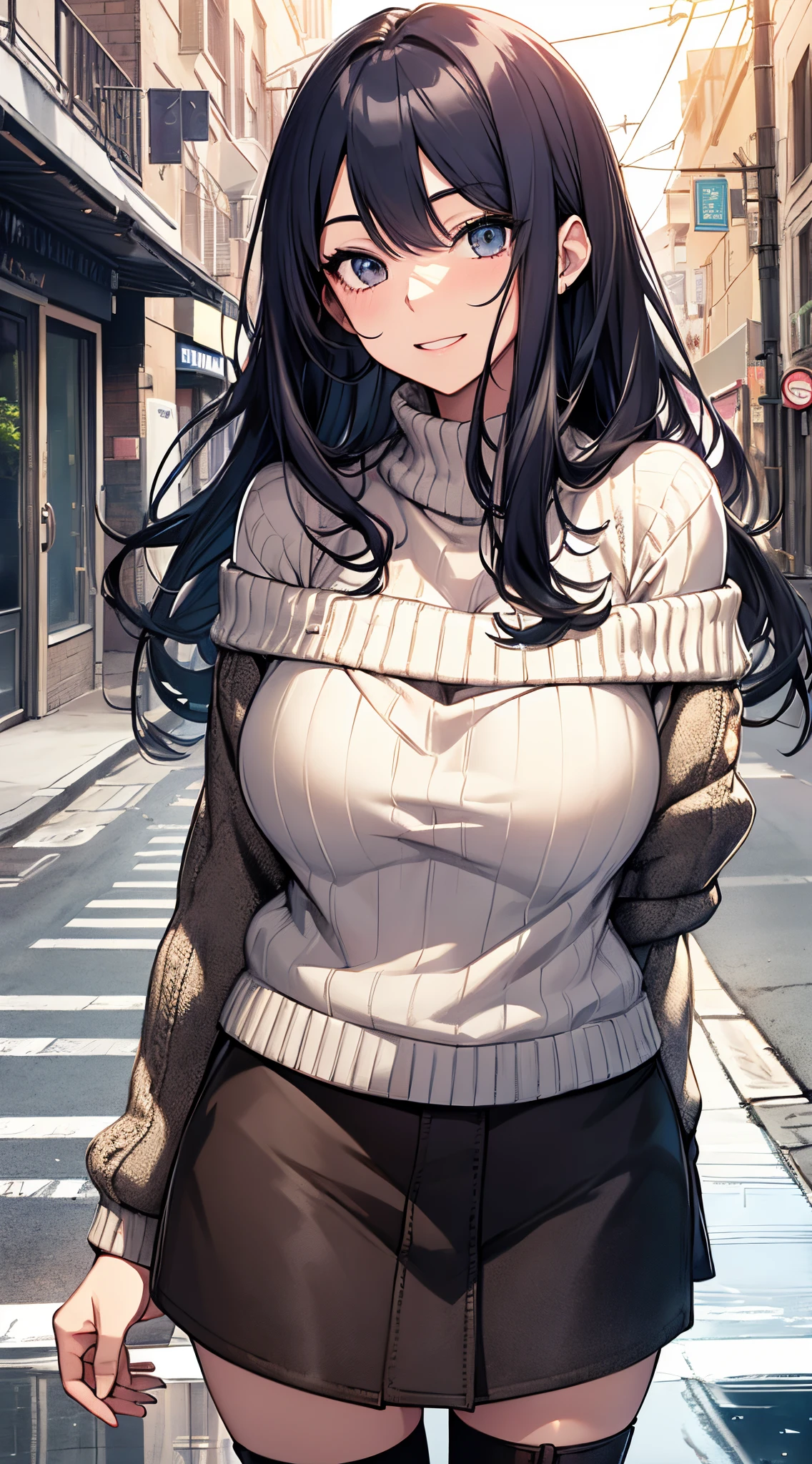 top-quality、supreme1People Girls,hightquality,A detailed face、A detailed eye、Detailed nose、Detailed mouth、 Beautiful expression, ((masuter piece)), ((High resolution)), ((Best Quality)), detail, (Excited face.Very happy,),(Off-shoulder knit sweater、Tight mini skirt、Black stockings、long boots、One bag)、 girl with,Blue-haired, (Long straight hair)、Standing figure、fair white skin:1.3、、Big breasts, cinmatic lighting, perfectly shaded,(((In the street))), Realistic lighting with shades,Reflecting the whole body