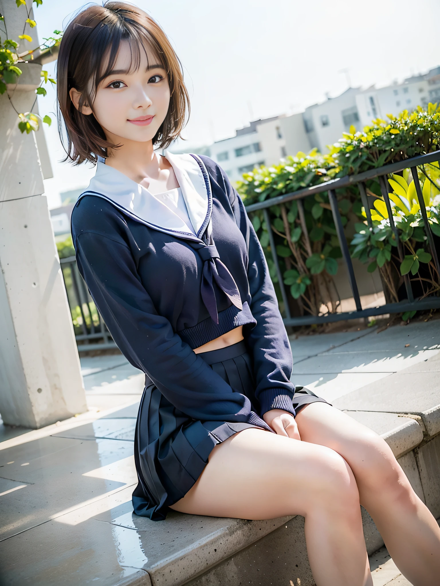 Pure Japanese school girl, sexual temptation, outstanding body, beautiful legs, natural short hair, wearing uniform, panty, sweet smile, sitting and relaxing on grass, refreshing in early summer park, composition from the front, 