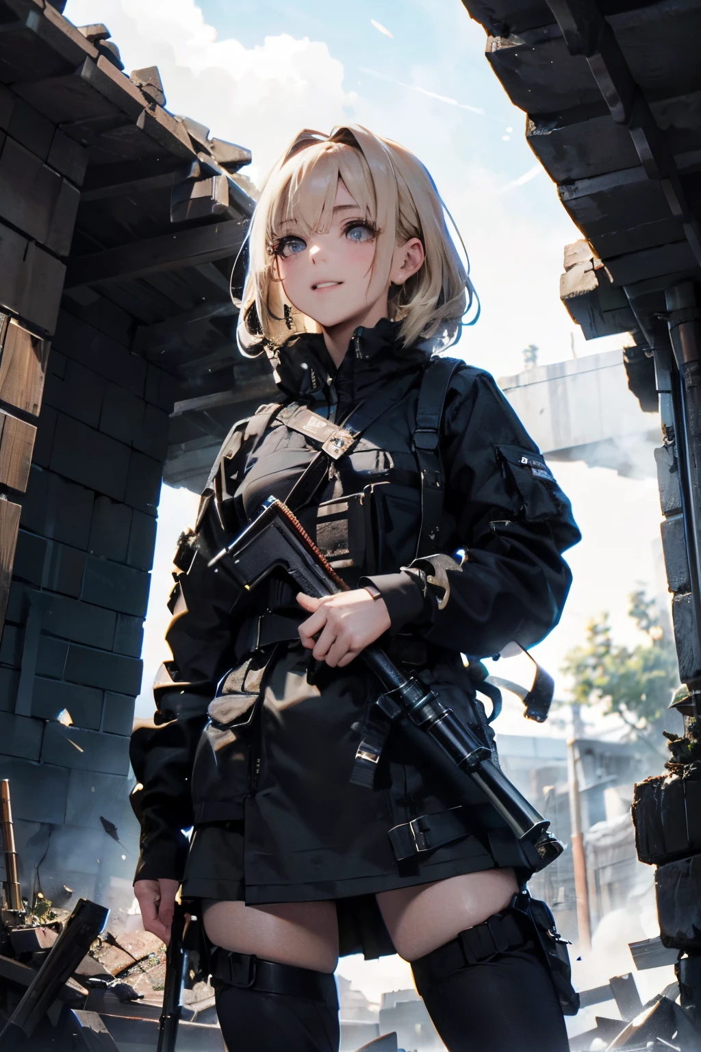 a 20 yo woman、a blond、A smile、turned around、(hi-top fade:1.3)、skirt by the、dark themed、Muted Tones、Subdued Color、highly contrast、(natural skin textures、Hyper-Realism、Soft light、sharp)、{{Masterpiece, top quality, highly detailed CG, unified 8k wallpaper, movie lighting, lens flare}}, 1 girl holding a rifle through the wall, wide view, thick body, long blonde hair soaring in the wind, green eyes, (holding a weapon, holding a rifle, aiming, aiming: 1.4), gun, h&k hk416, carbine, open fire, rubble, ruins of conflict areas, plumes, nitric smoke, blast waves, Flying bullets, sniper, 35mm, f/1.8, night