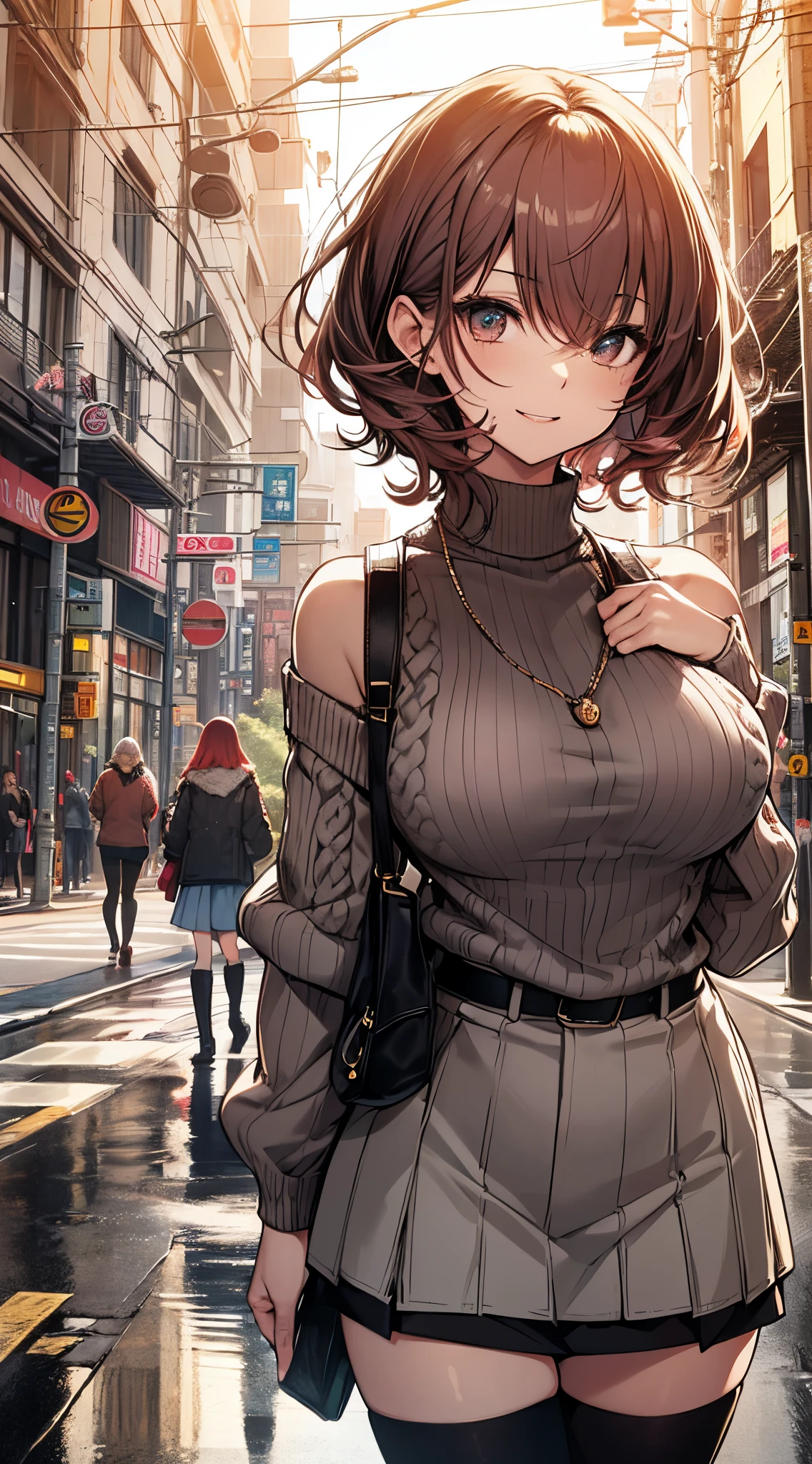 top-quality、supreme1People Girls,hightquality,A detailed face、A detailed eye、Detailed nose、Detailed mouth、 Beautiful expression, ((masuter piece)), ((High resolution)), ((Best Quality)), detail, (Excited face.Very happy,),(Off-shoulder knit sweater、Tight mini skirt、Black stockings、long boots、One bag)、 girl with, Red-haired, (short-hair)、Standing figure、fair white skin:1.3、、Big breasts, cinmatic lighting, perfectly shaded,(((In the street))), Realistic lighting with shades,Reflecting the whole body
