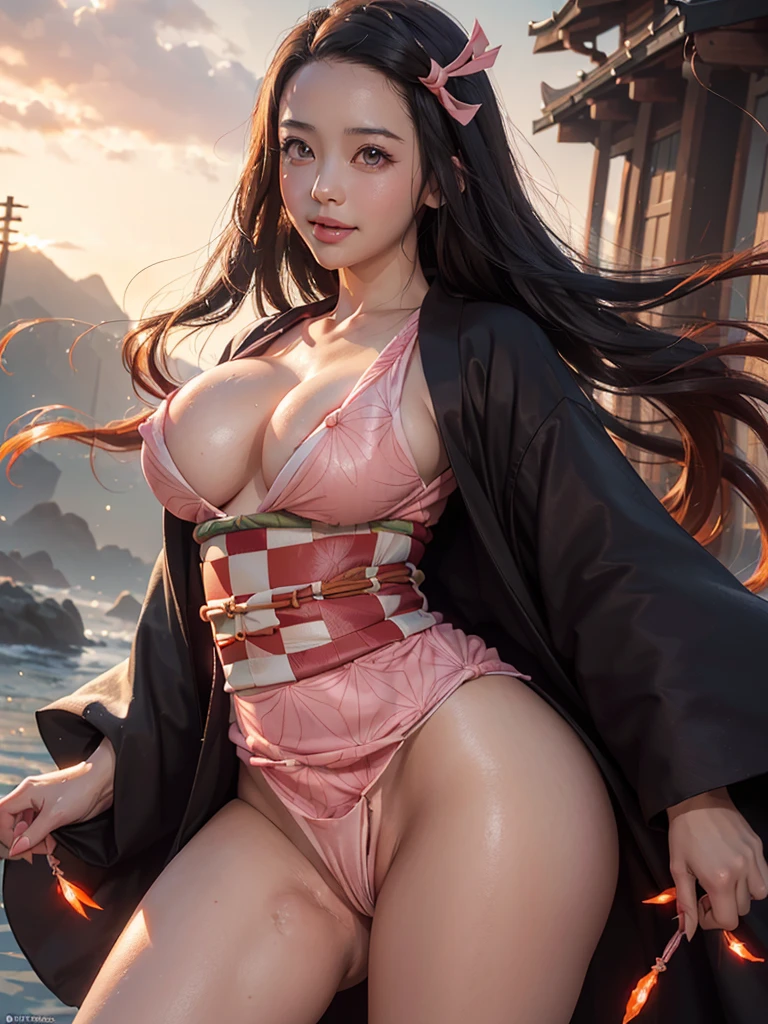 (((masterpiece))), (((hight resolution))), (((professional lighting))), Nezuko, (1girl, Ultra-realistic photo of Nezuko Kamado, a very beautiful woman, exquisite beauty, bright pink eyes, (((ecstatic expression))), long black hair and orange hair tips), Nezuko, (exuberant youthfulness, ultra giant breasts, very big tits, big breasts that are about to burst, lustrous skin), (((sexy Japanese pink kimono, tight kimono, not wearing panties))), (based on the Demon Slayer kimetsu no yaiba), clean and detailed anime art, professional art, perfect detail, Professional photos taken up close, (((Photographed up close, super low angle shooting))), (((Nezuko opens her kimono with both hands, showing pussy porn))), outdoor,