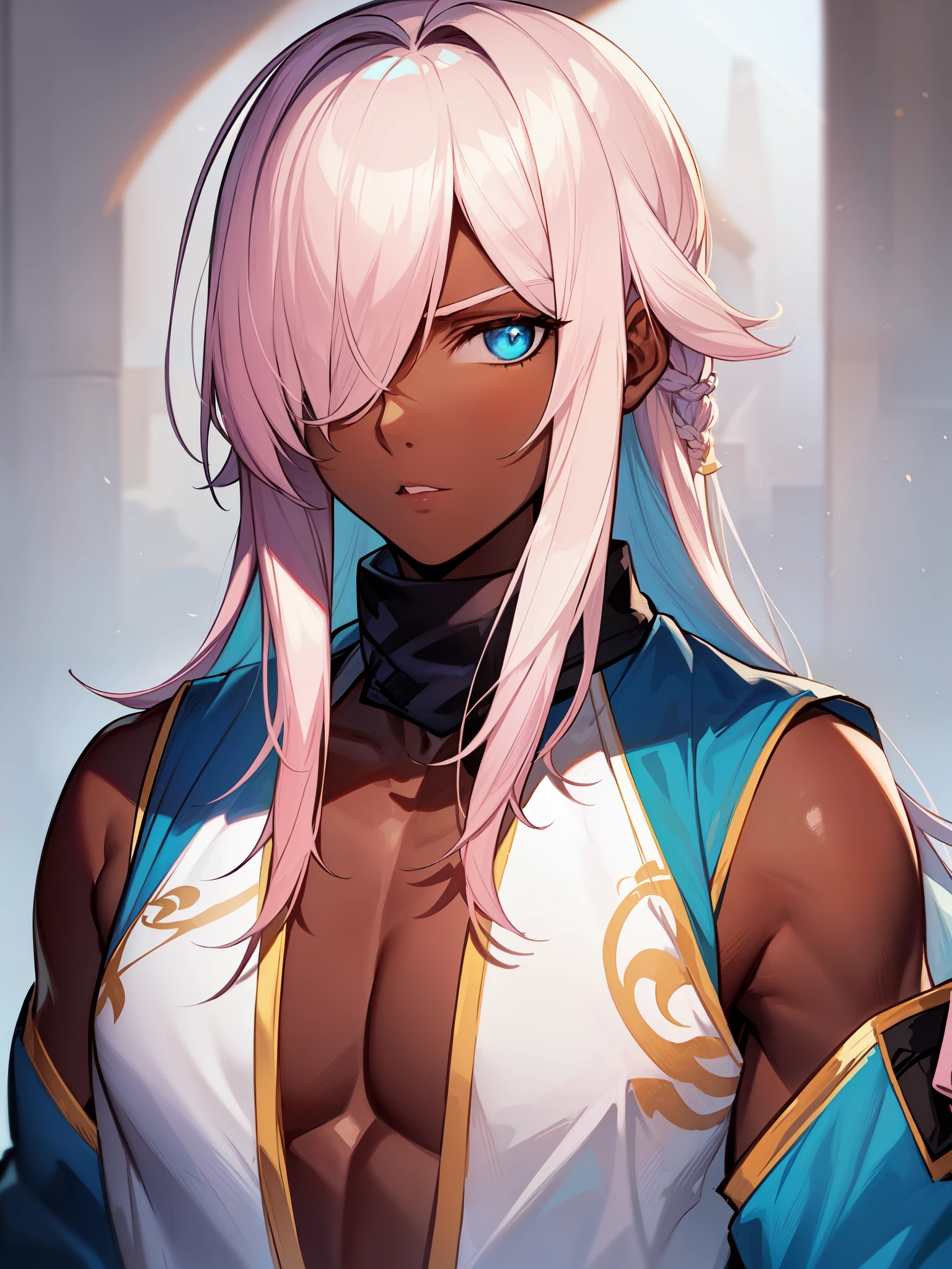 ((blue colored eyes)), ((pale pink hair)), ((long hair)), ((thick lips)), ((hair over one eye)), ((mature male)), ((wild hairstyle)), ((shinobi clothing)), ((complementary colors)), ((serious expression)), ((dark skin)), 1boy, beautifully drawn, high resolution illustration, best quality, High definition, ((detailed anime sketch)), Masterpiece, (solo), absurdres, portrait, detailed background, fine detail, male focus, HDR, upper body, close-up,