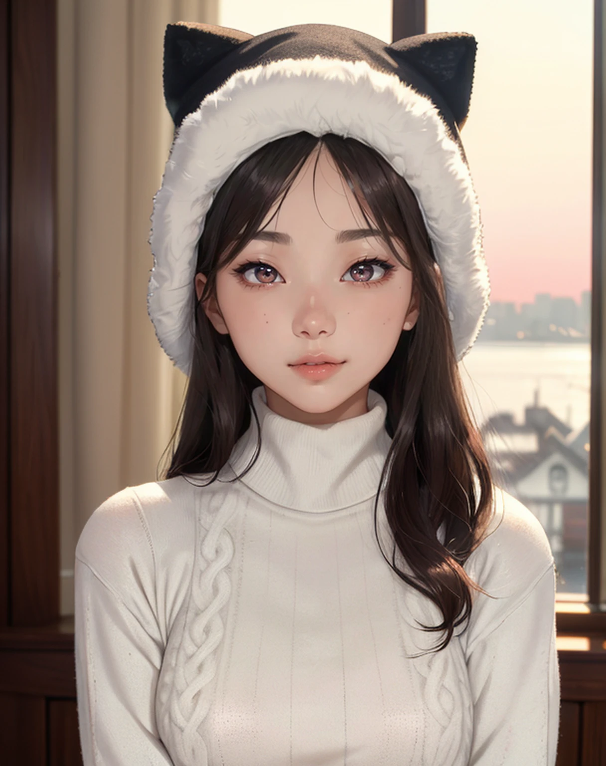 masterpiece, best quality,ultra detail,1girl, studio,upper body,standing,(sweater turtleneck, long Sleeve), key hole cut-out, completely,cinematic angle,(wearing fur hat,covered head,whole hair covered),sharp detailed, smooth skin, shining skin,(natural lighting), cinematic lighting,sunset, bedroom:1.2, sweety, oiled,cute girl,ulzzang,smile, piercing, downward lips,