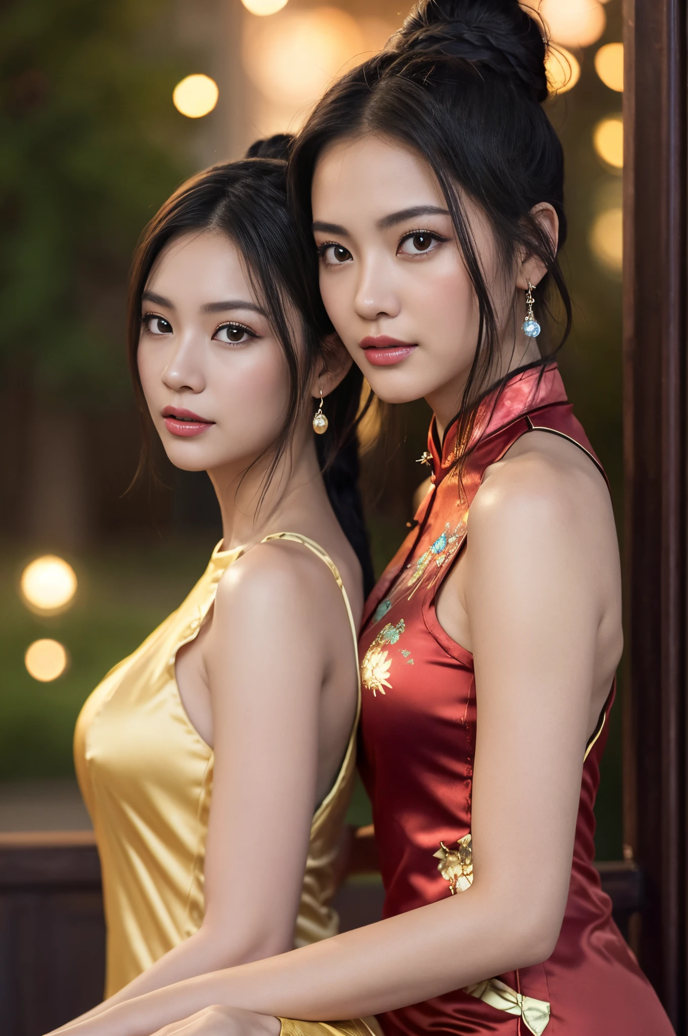 high-level image quality、closeup portrait:1.4,detailed faces,Like a shot with an SLR、Sensual body,thighs、slit、Painting a work of art depicting two women in a tanslucent traditional cheongsam sitting together,duo,((sisterhood)),front view,rendering by octane, hdr,leering:1.3,topknots,hairbuns,Chinese hair ornament:1.4,Chinese hairpins:1.4,Chinese hairsticks:1.4,Fireflies, night, starry sky, jewelry,light particles, (fantasy: 1.2), stars, fantasy,