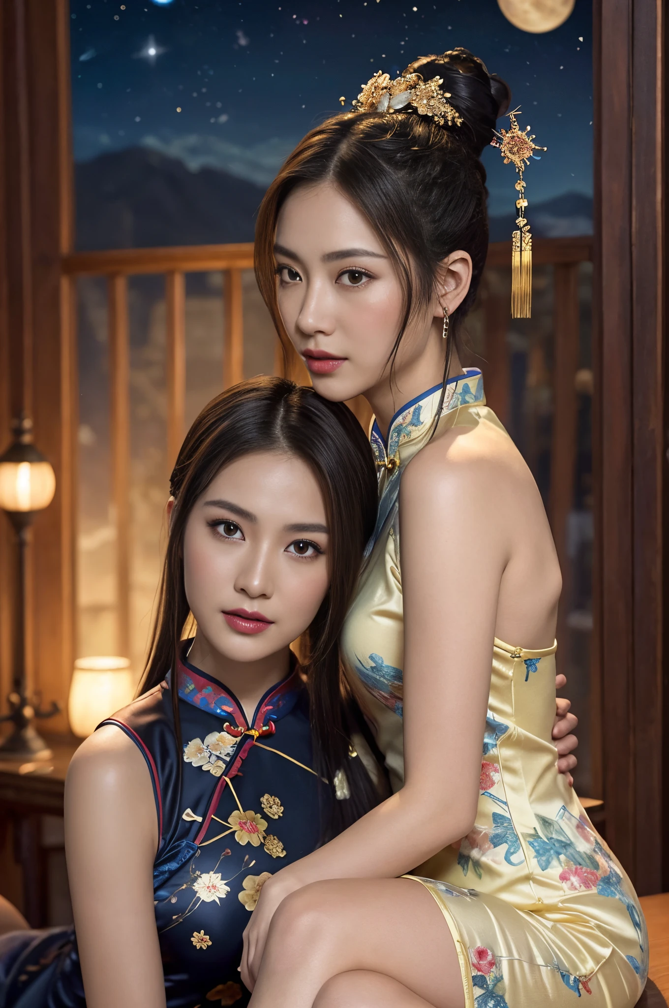 high-level image quality、closeup portrait:1.4,detailed faces,Like a shot with an SLR、Sensual body,thighs、slit、Painting a work of art depicting two women in a tanslucent traditional cheongsam sitting together,duo,((sisterhood)),front view,rendering by octane, hdr,leering:1.3,topknots,hairbuns,Chinese hair ornament:1.4,Chinese hairpins:1.4,Chinese hairsticks:1.4,Fireflies, night, starry sky, jewelry,light particles, (fantasy: 1.2), stars, fantasy,