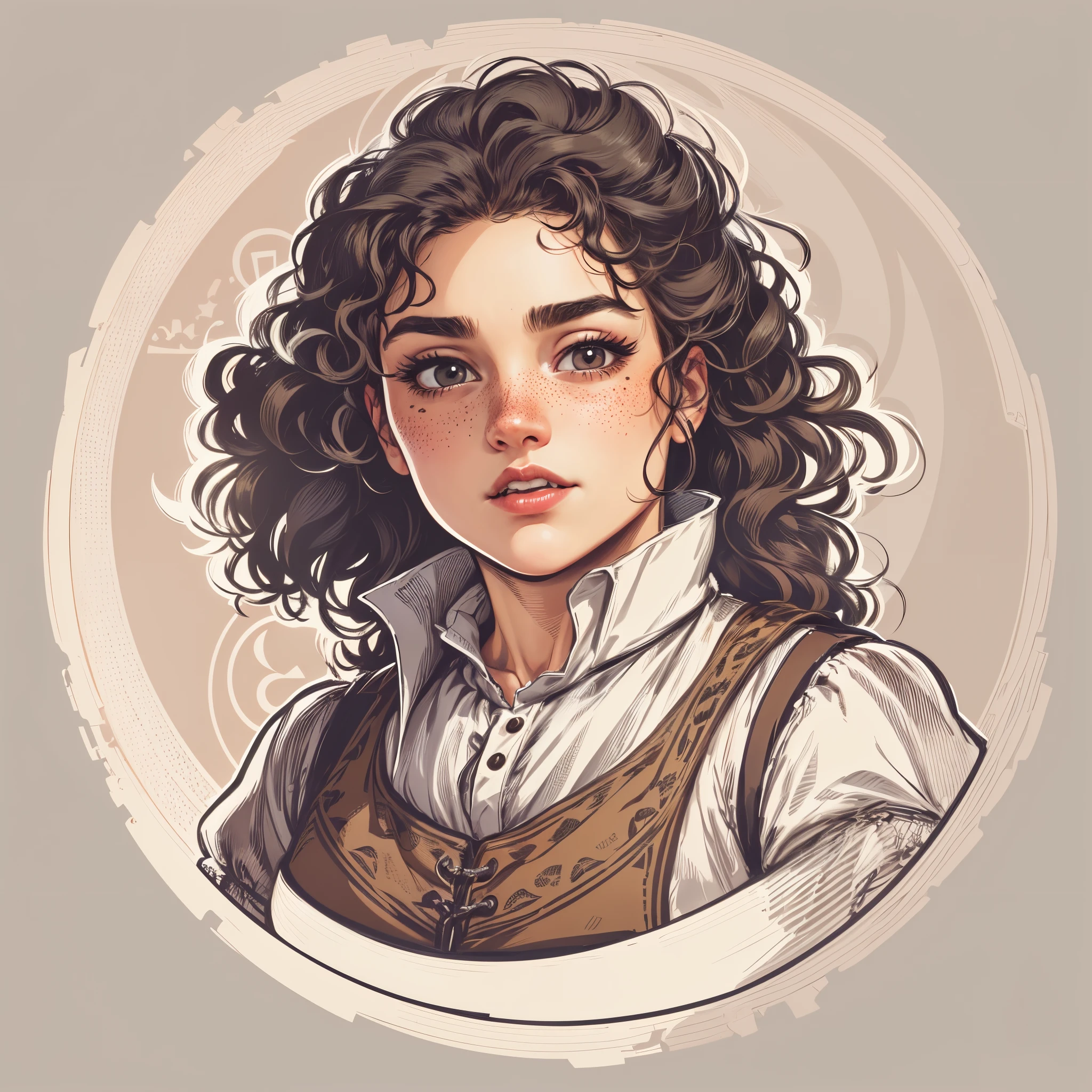 (Sticker),whitebackground,((in a circle)), A  girl, large facial features, round, heavy chin, dark curly hair, hair up to the shoulders, plus-size, brown eye, Tanned, freckles, Grim expression, Confident posture, (white  shirt, medieval black vest:1.3). black outline, Renaissance, Detailed drawing, Vectorized, 8K, Professional sticker design, Flat design, Vector lines, Sticker, Full-HD.