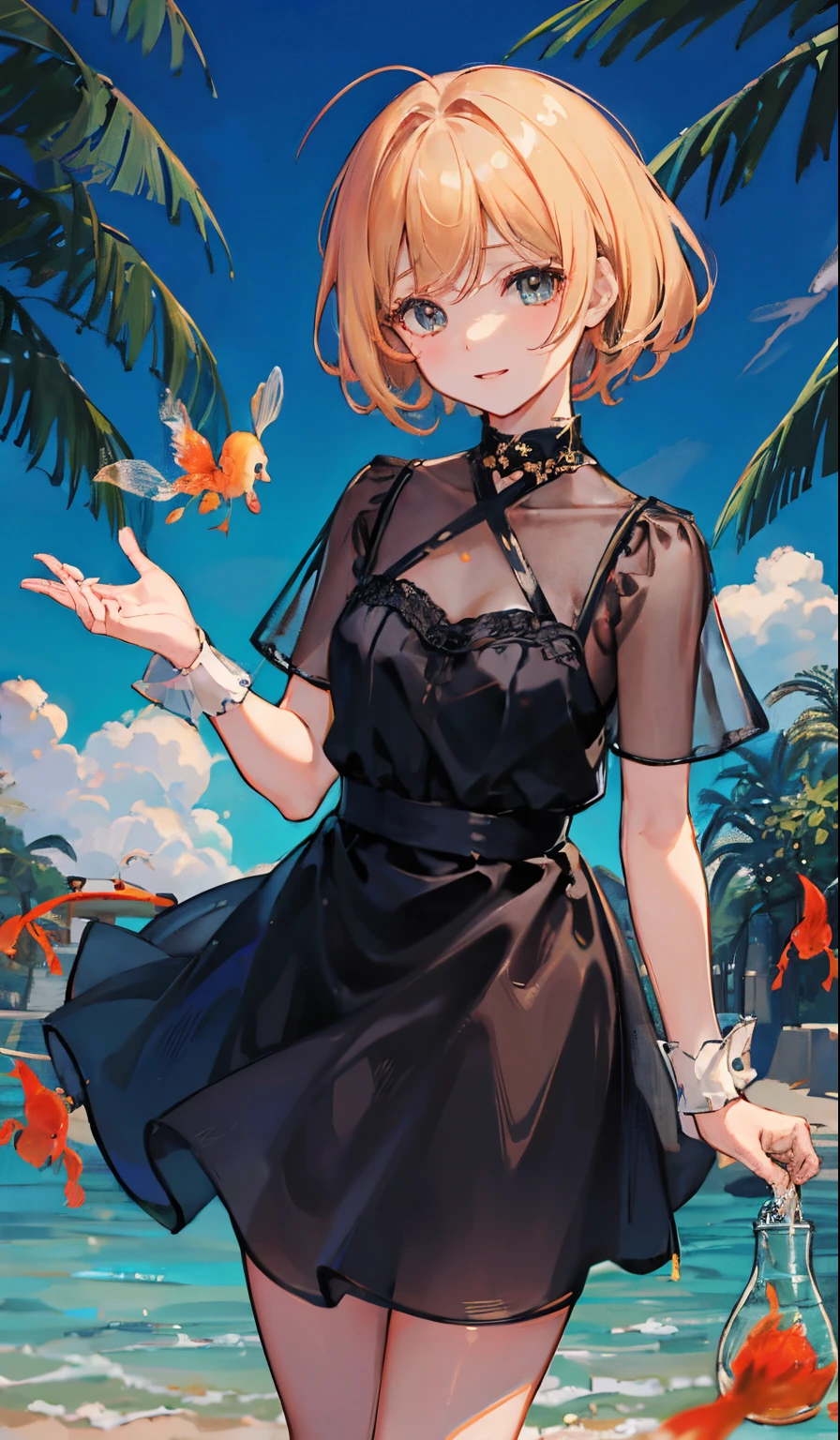 Perfect picture,,{Chiquita}{Serene,elementary student}{goldfish bowl}{hedonism}{military outfits},8 years old girl,4K picture quality, Cinematic,,{Gamine},{small body and chest,,,,,,} Short hair,a blond,cute little, perspiring