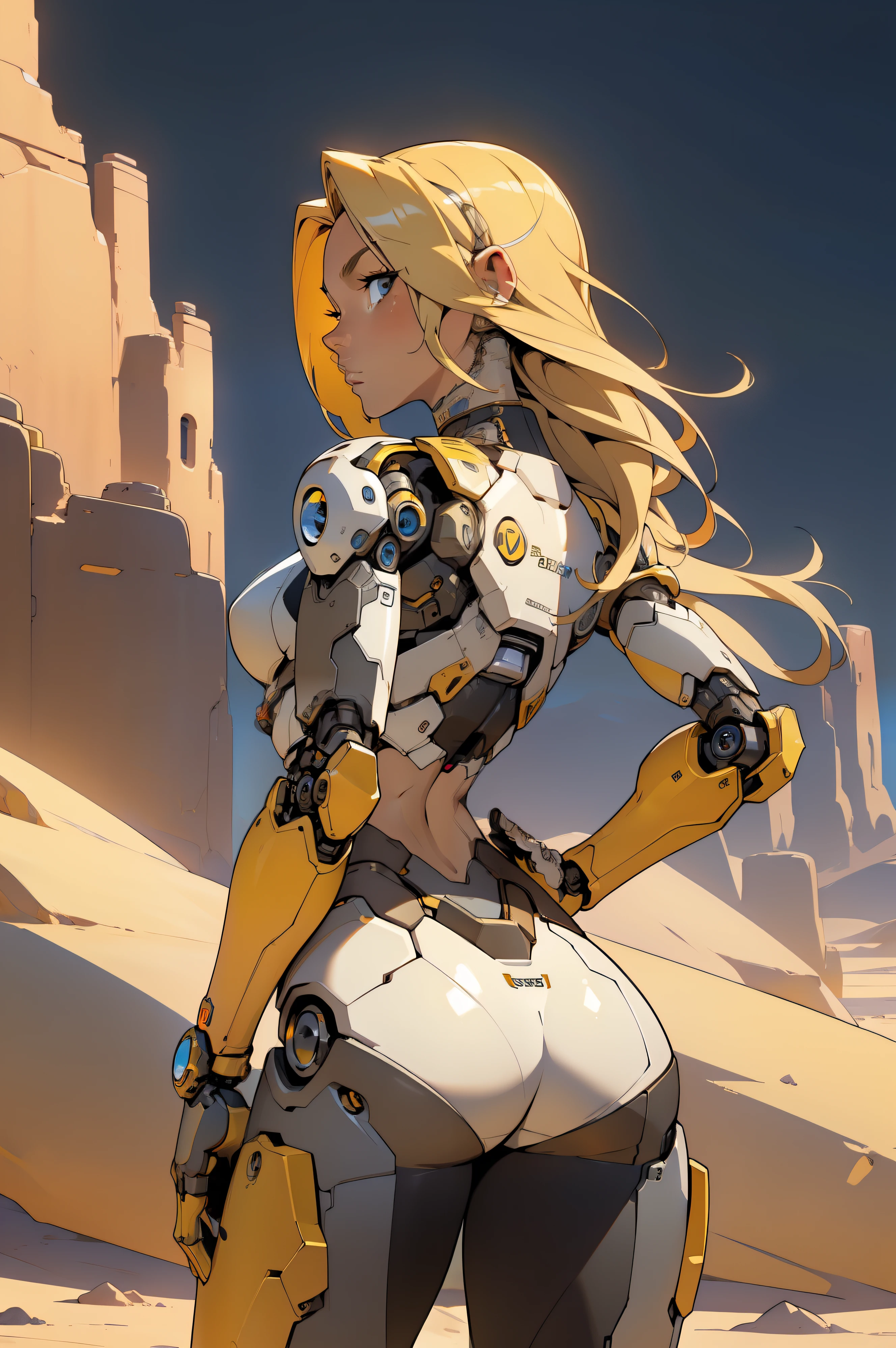 high quality, 4k, masterpiece, beautiful, cyborg girl, cowboy shot, dull eyes, back side, turning around to look at viewer, long blonde hair, girl, small breasts, fit thigh, robotic arms, robotic body, cyborg body, yellow accent, red accent, intricate detail, joint, detailed lines, robotic detail, 1fist on hip, color robotic parts, robotic parts with color, perfect fingers, on a desert planet, sunny background, colorful desert,