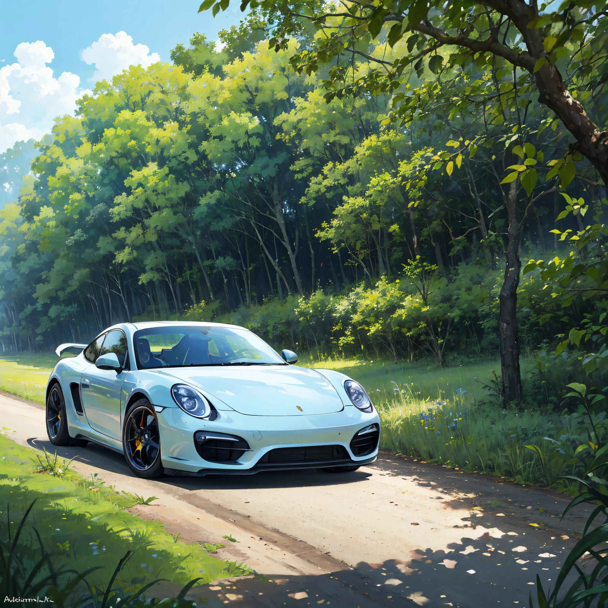 Porsche car, parked in jungle, no human in background, trees in background, dirt on land, grass on land, no road, afternoon, blue sky, front view, only one car, 1car,